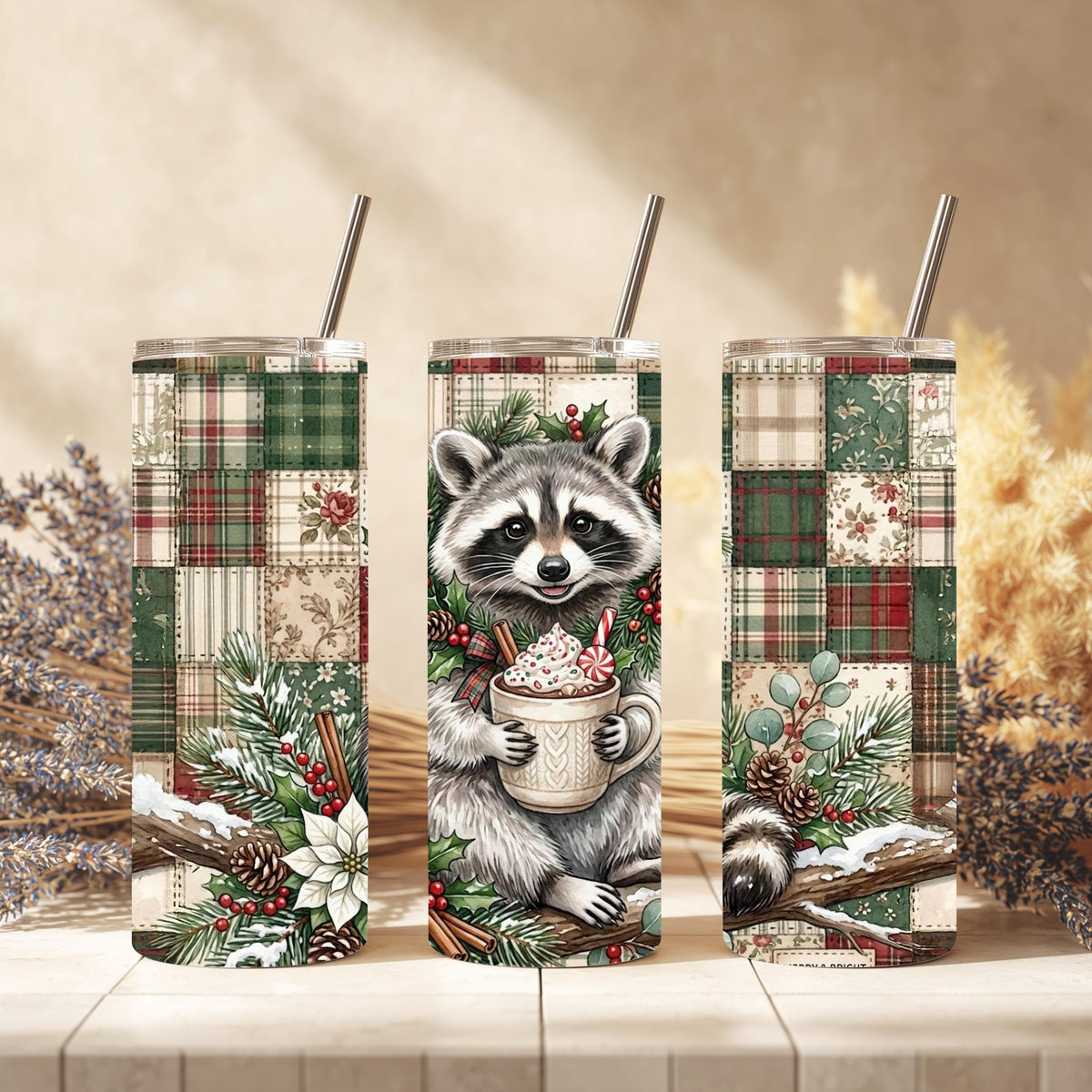 Raccoon Tumbler, 20 Oz Skinny, Plaid Patchwork Hot Cocoa Holiday