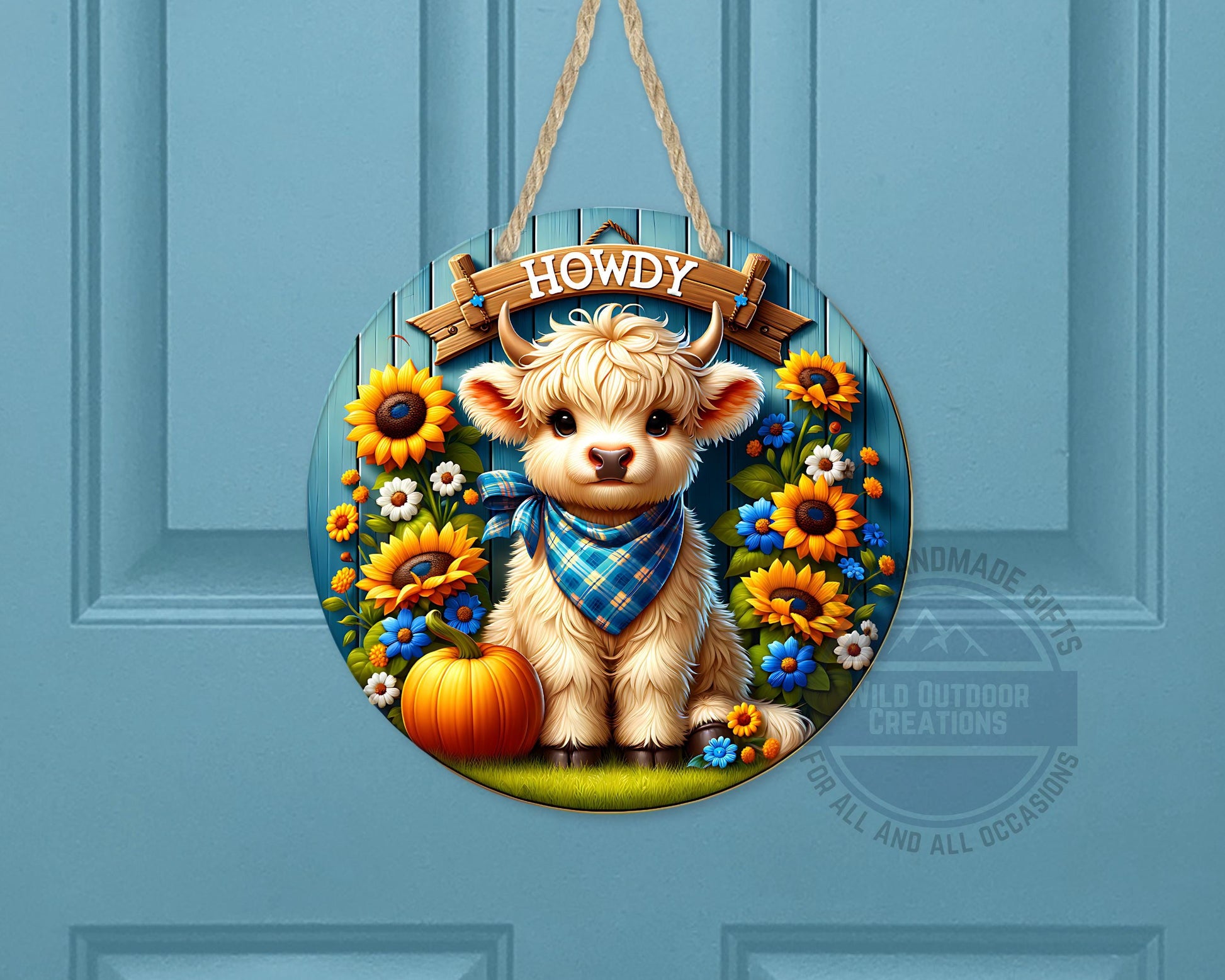 Farmhouse Door Hanger - Aluminum Round Sign with Highland Cow Decor, Blue Plaid - alternate view