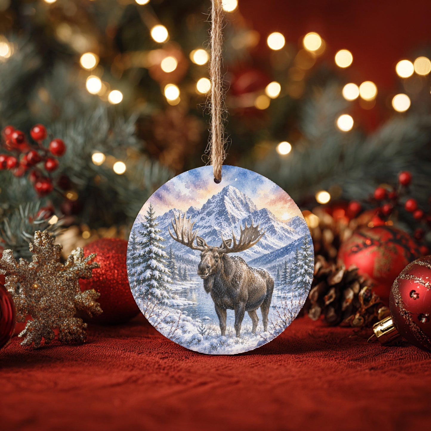 A circular ornament featuring a moose standing in a snowy forest, surrounded by Christmas decorations such as ornaments, pine cones, and a star-shaped ornament.