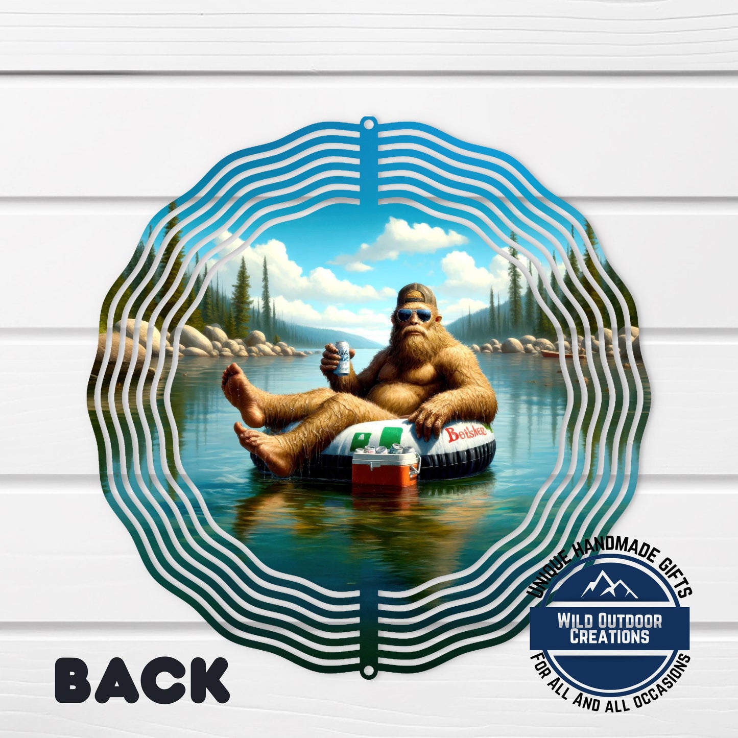 Bigfoot Wind Spinner - Aluminum Garden Decor | Double-Sided Lake House Ornament - design detail