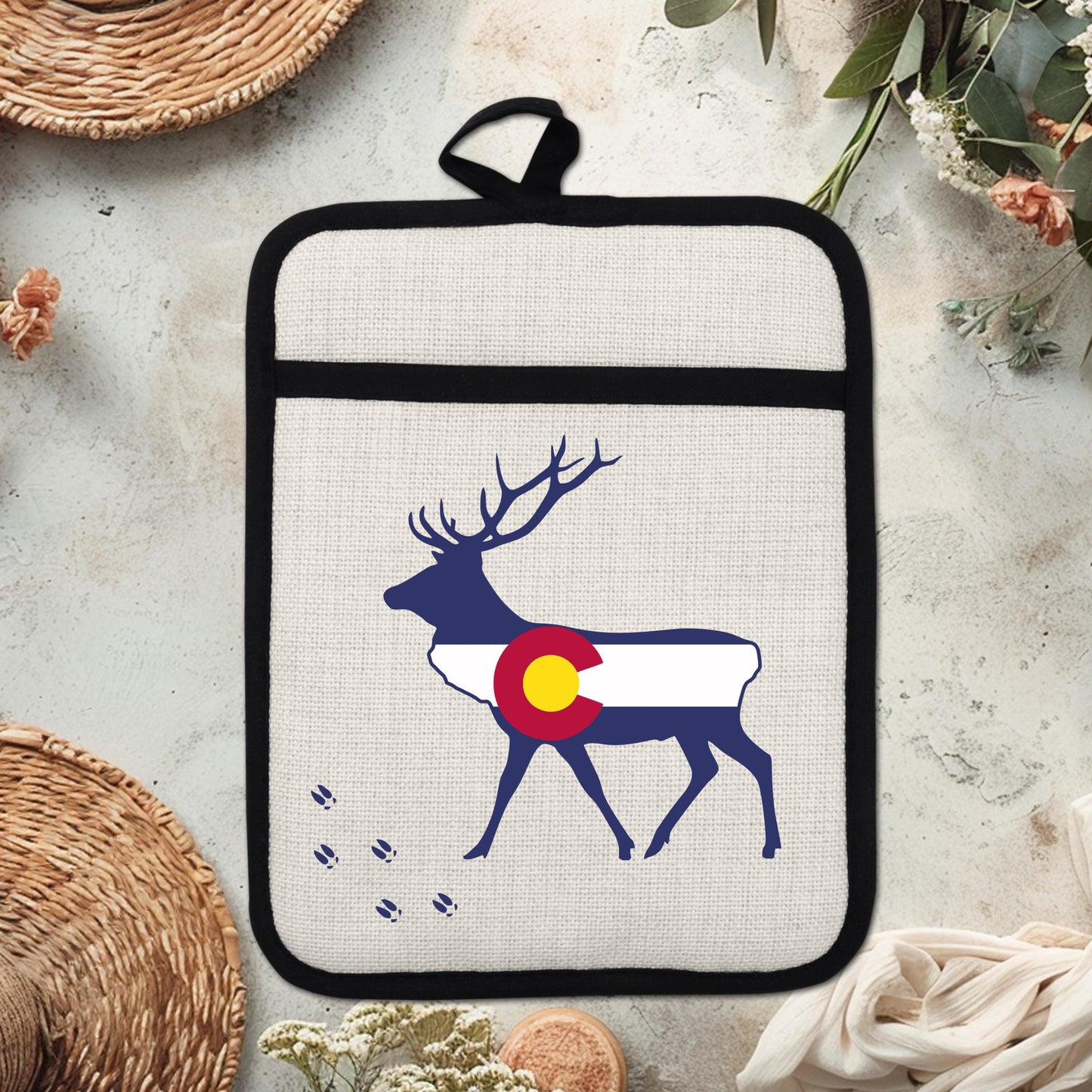 Elk Pot Holder - Colorado Linen With Silicone Back, Heat Resistant Trivet 9x7 Inches - product dimensions and specifications
