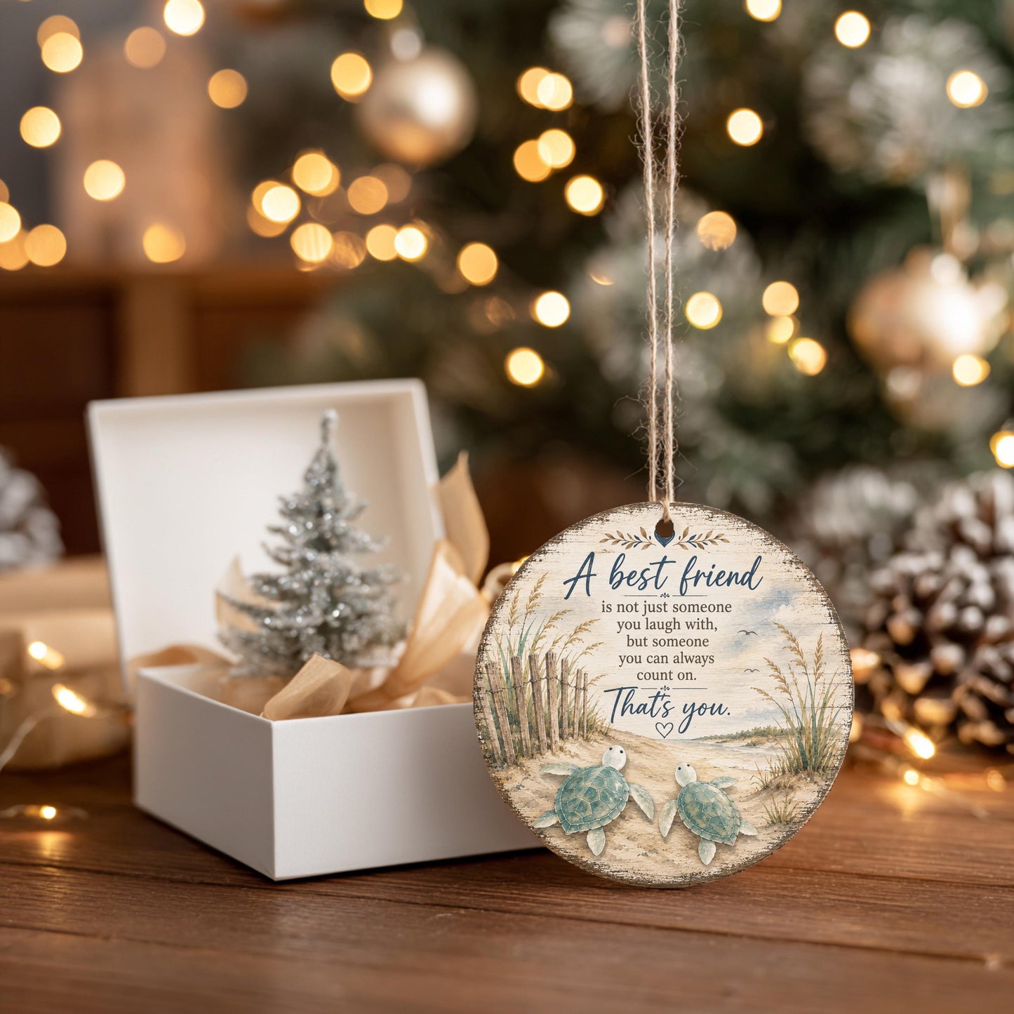 A white wooden ornament with a message about a best friend hangs from a string, accompanied by a small Christmas tree in a white box. The background is blurred with twinkling lights, creating a festive atmosphere.