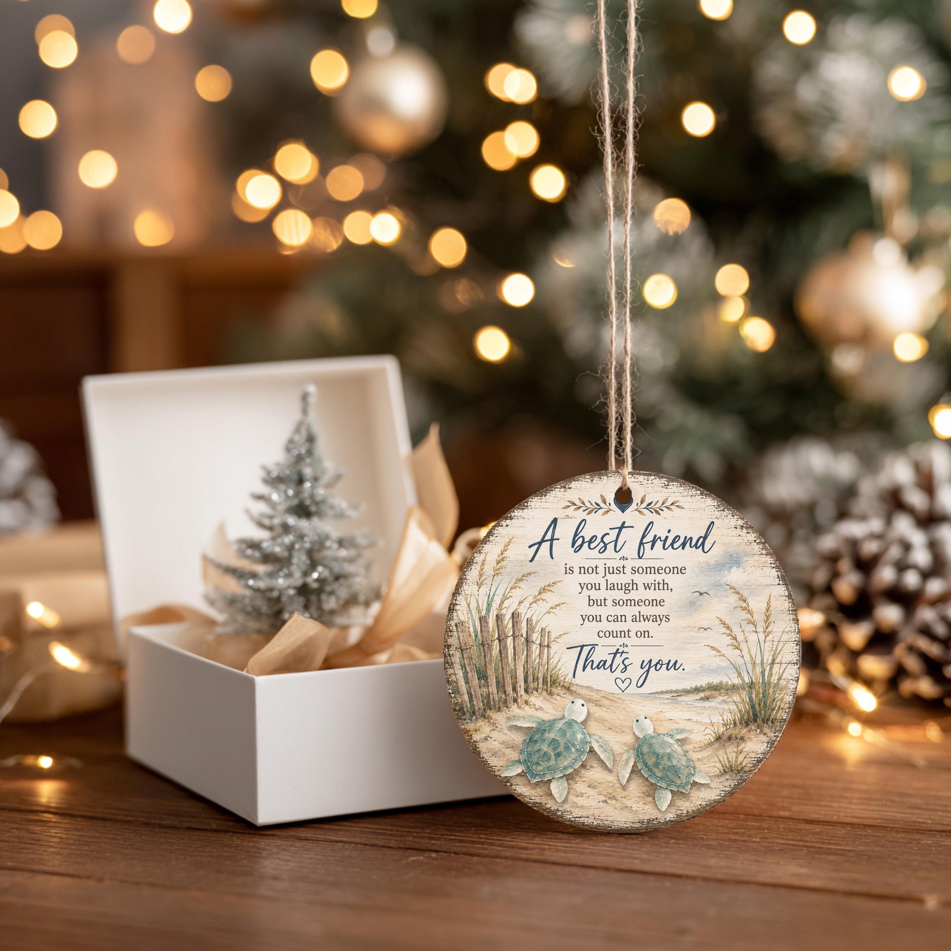 A white wooden ornament with a message about a best friend hangs from a string, accompanied by a small Christmas tree in a white box. The background is blurred with twinkling lights, creating a festive atmosphere.