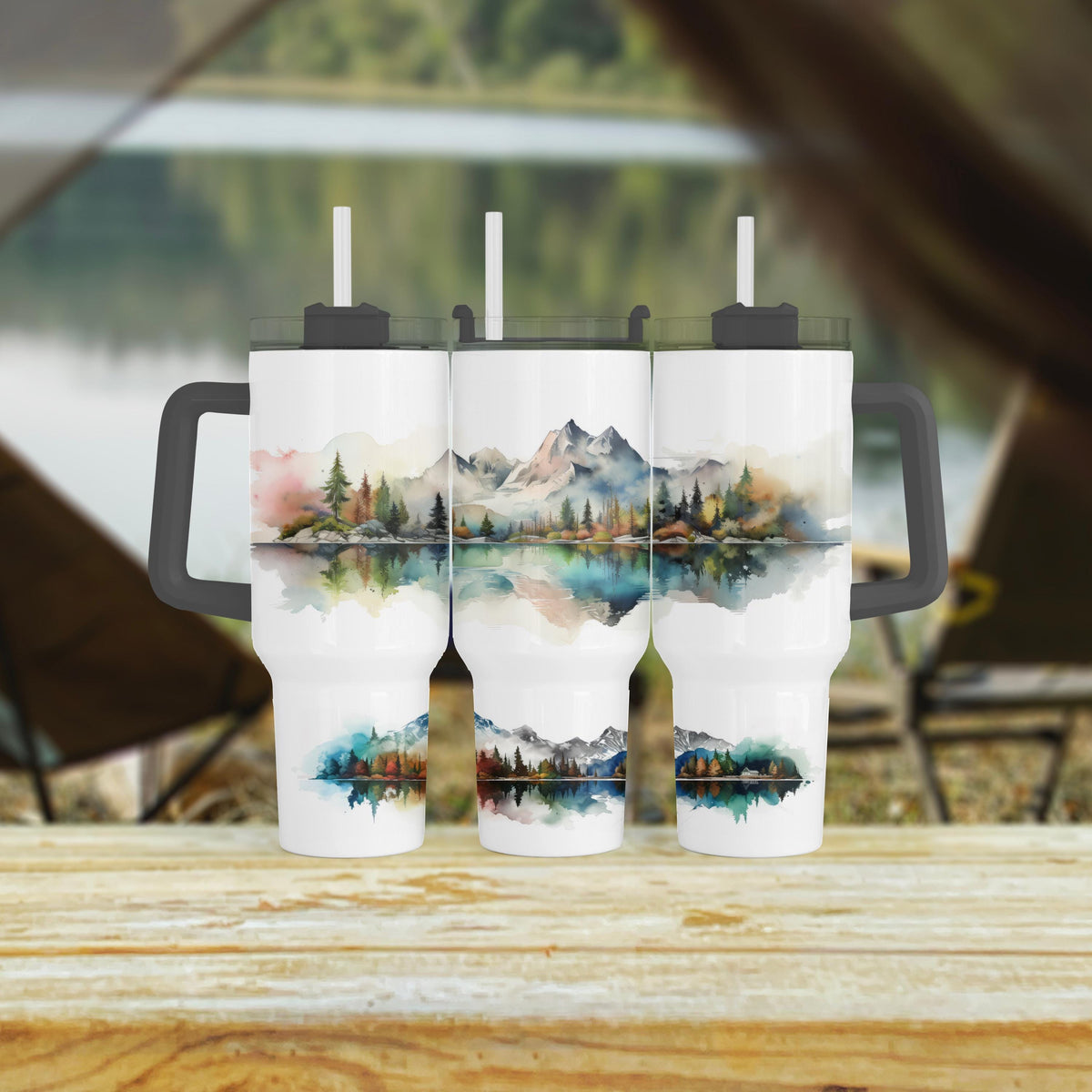 Mountain Lake Tumbler, 40 Oz Watercolor Handle, Forest Landscape
