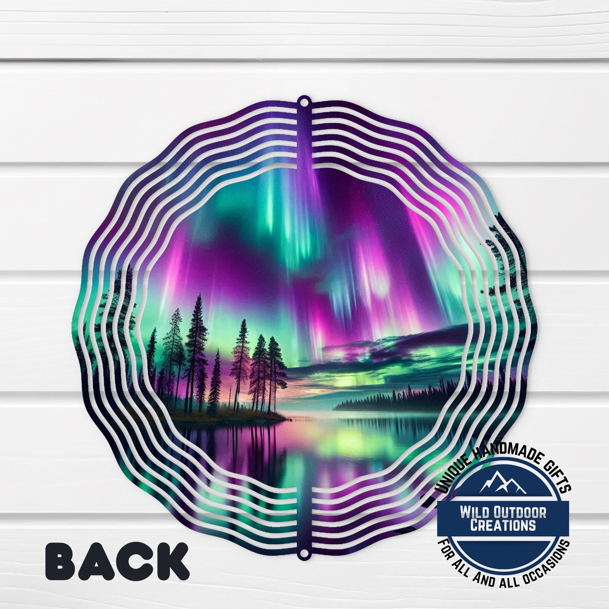 Northern Lights Wind Spinner - 10 Inch Double Sided Lake Scene Garden Decor - scale and size reference
