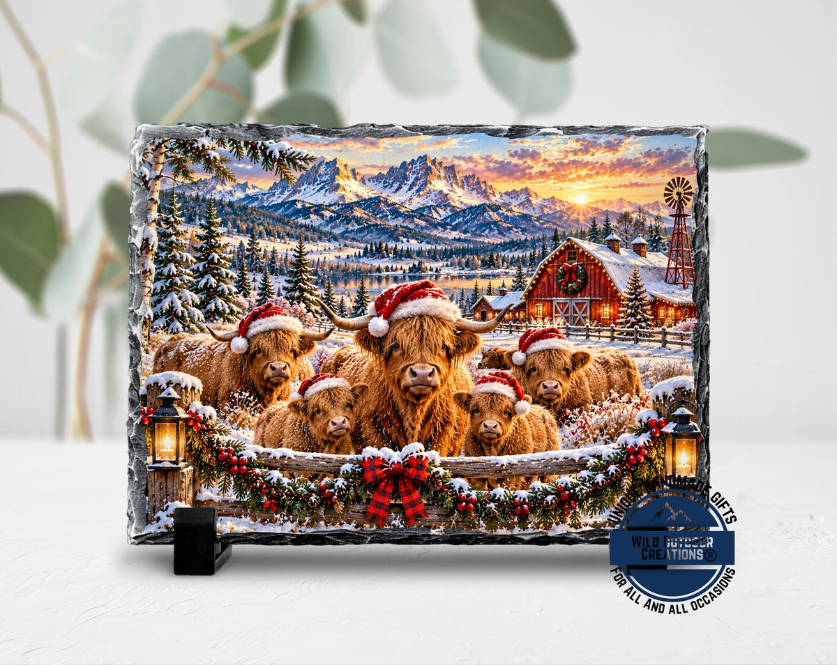 Highland Cow Decor, Christmas Slate Plaque, Santa Hat Cow Family