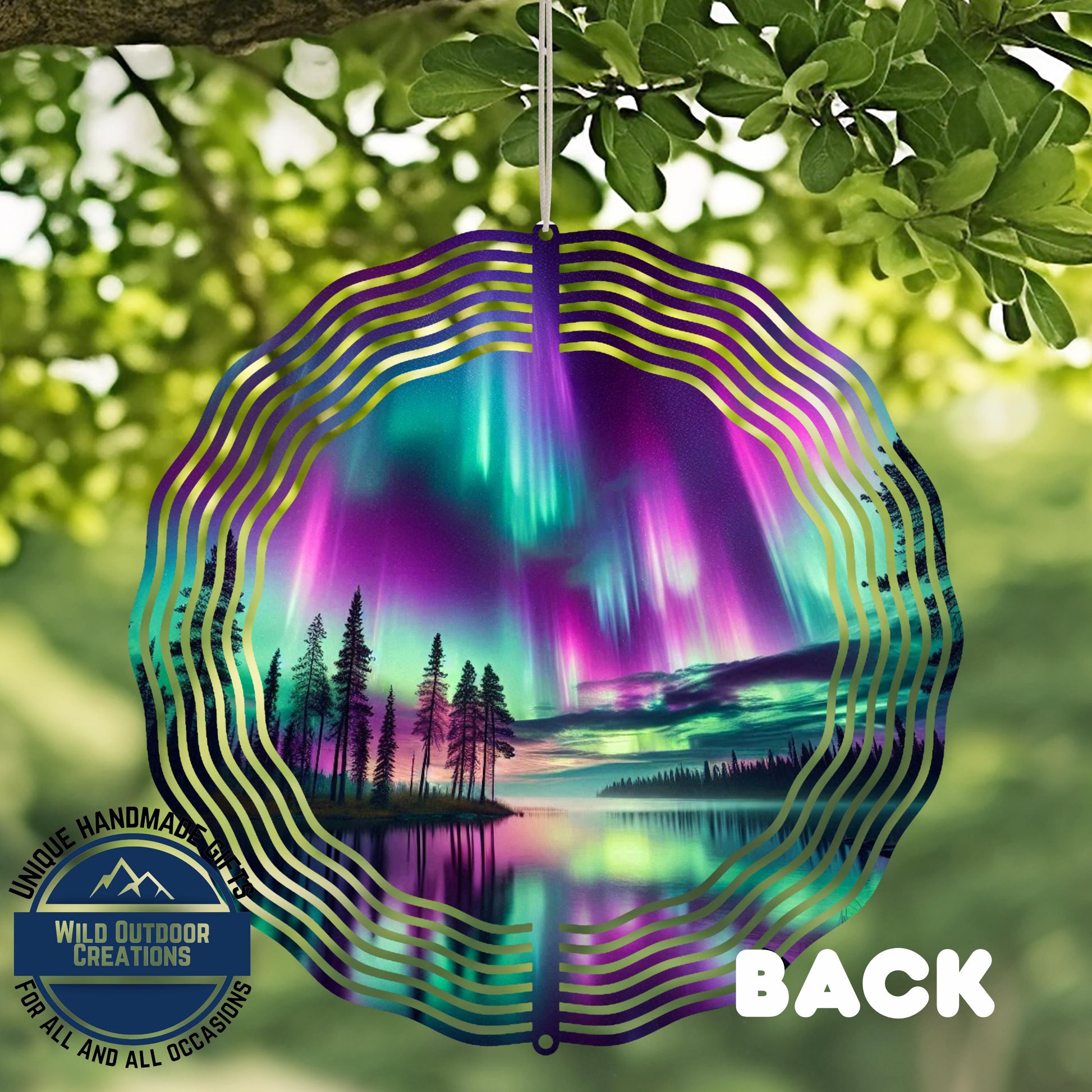Northern Lights Wind Spinner - 10 Inch Double Sided Lake Scene Garden Decor - close-up detail of design