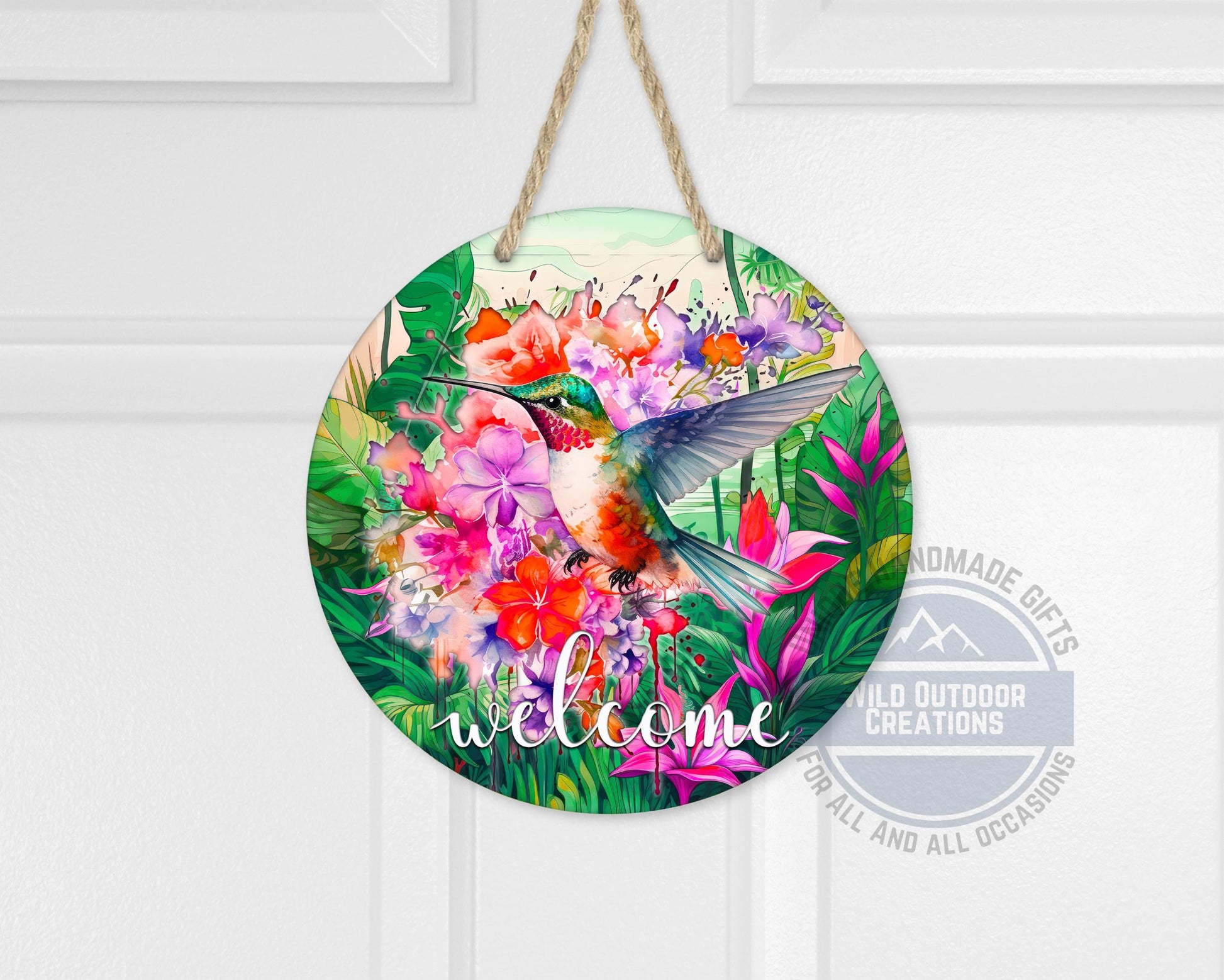 Floral Hummingbird Door Decor - Weather Resistant Garden Door Decor Sign - alternate view