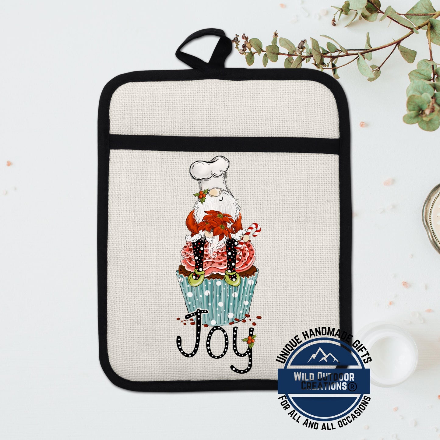 Gnome Pot Holder Linen Hot Pad Christmas Cupcake Joy Baking Kitchen Gift Decor