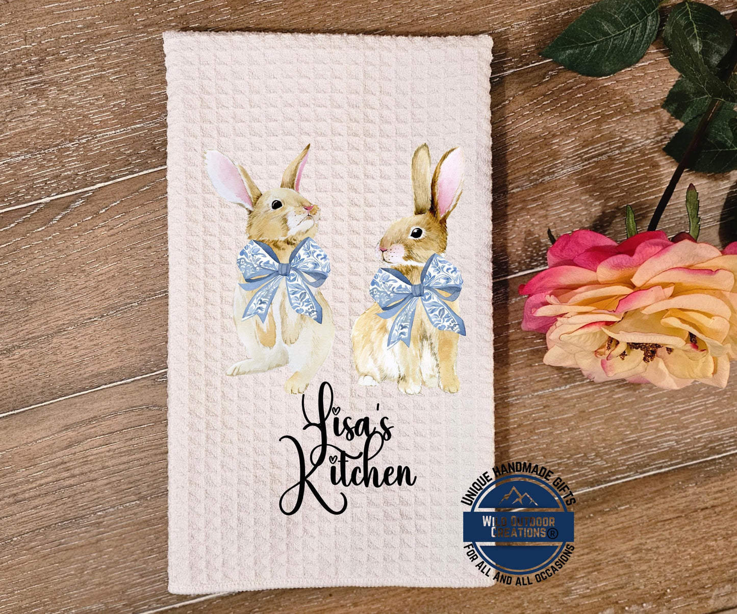 Personalized Easter Towel - Custom Kitchen Towel with Bunny Coquette Bow Design - packaging and presentation