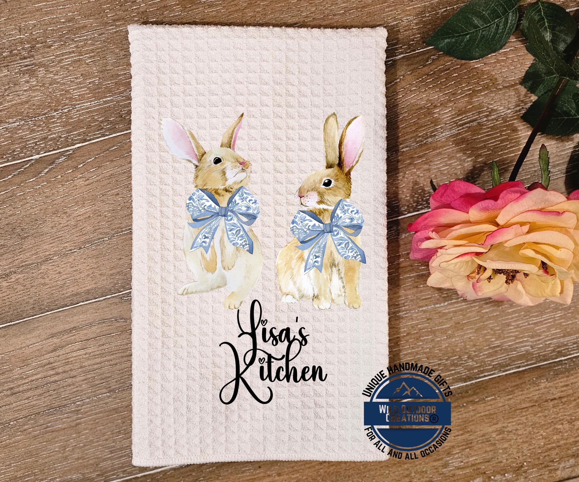 Personalized Easter Towel - Custom Kitchen Towel with Bunny Coquette Bow Design - packaging and presentation