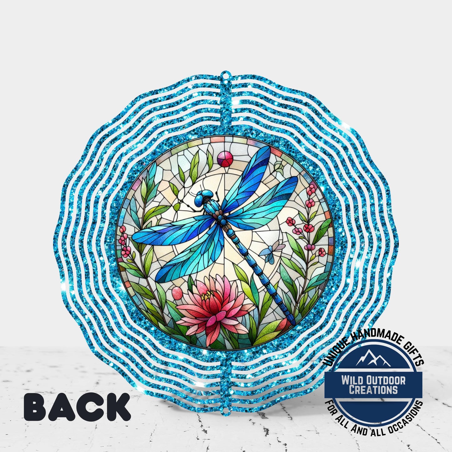 Dragonfly Wind Spinner - Vibrant Faux Glitter Stained Glass Garden Decor - additional product photo 10