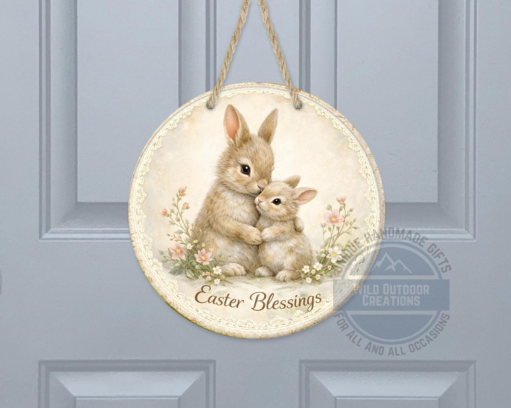 Spring Bunny Door Hanger – Floral Easter Sign | 10" Round Aluminum Decor - product dimensions and specifications
