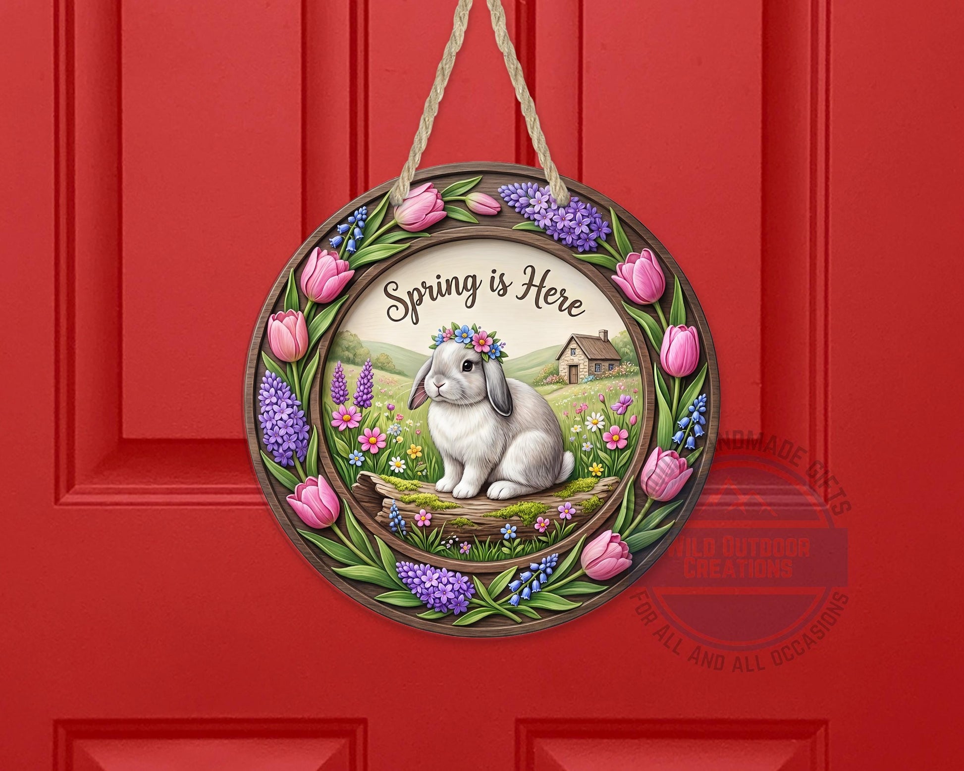 Spring Door Hanger – Round Aluminum Bunny Spring Sign with Tulip Decor - additional angle