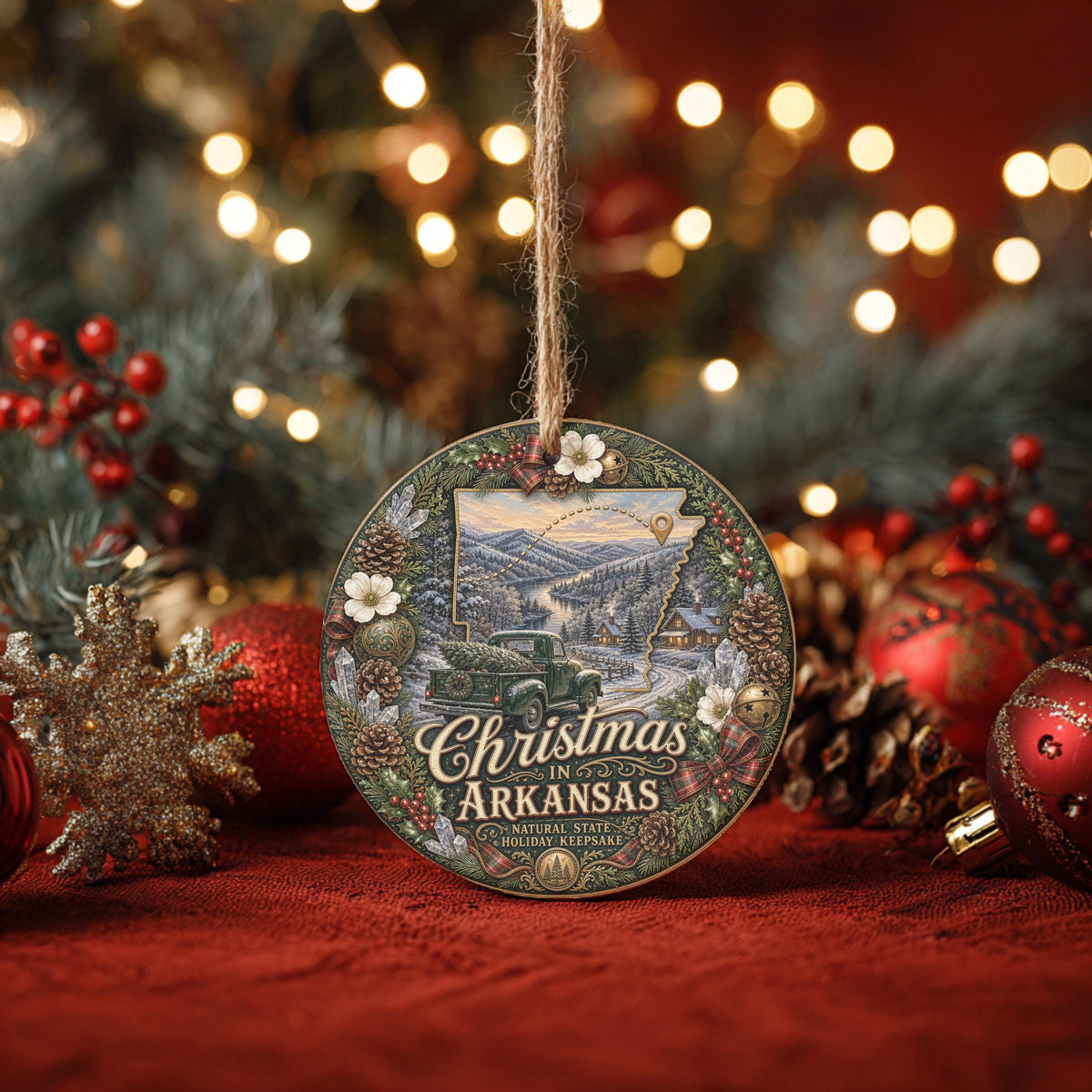 Arkansas Christmas Ornament, Vintage Truck River Ceramic Keepsake