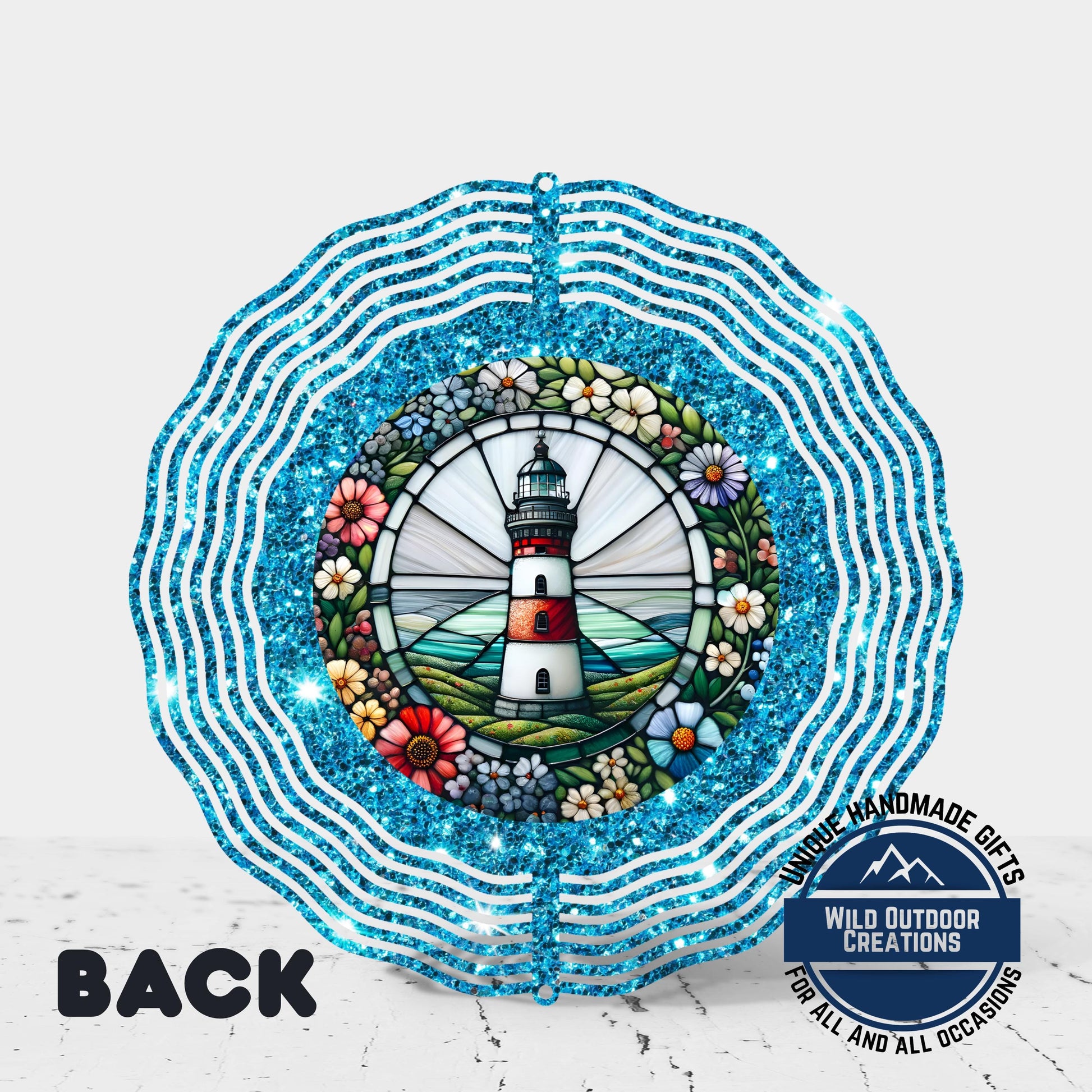 Coastal Lighthouse Wind Spinner – Aluminum Outdoor Garden Decor with Blue Glitter - additional product photo 10