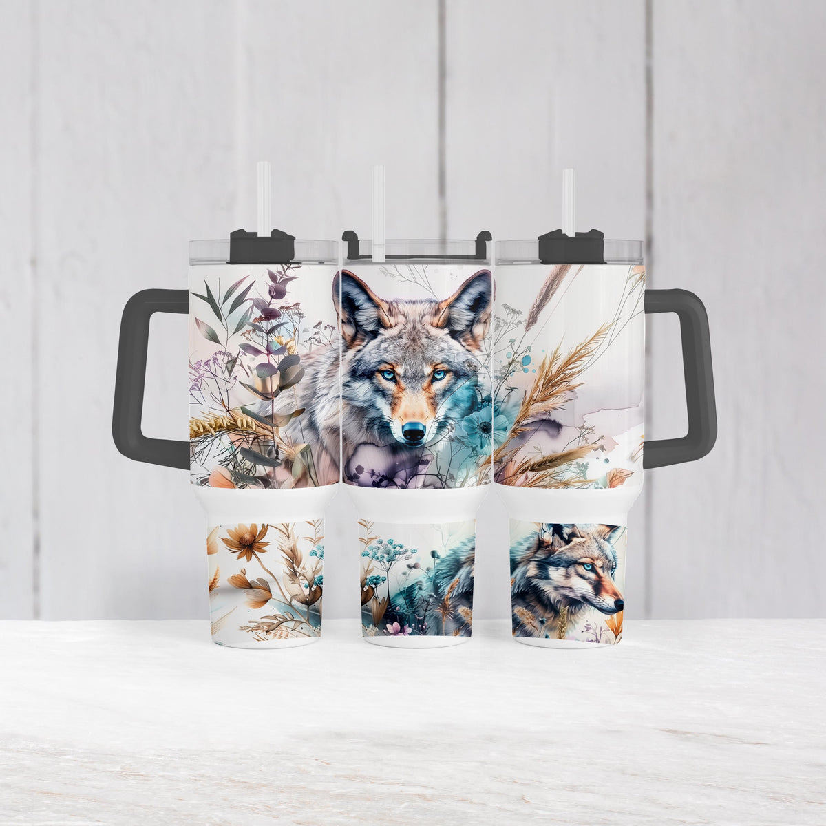 Boho Wolf Tumbler, 40 Oz With Handle, Wildflower Cup Gift For Her