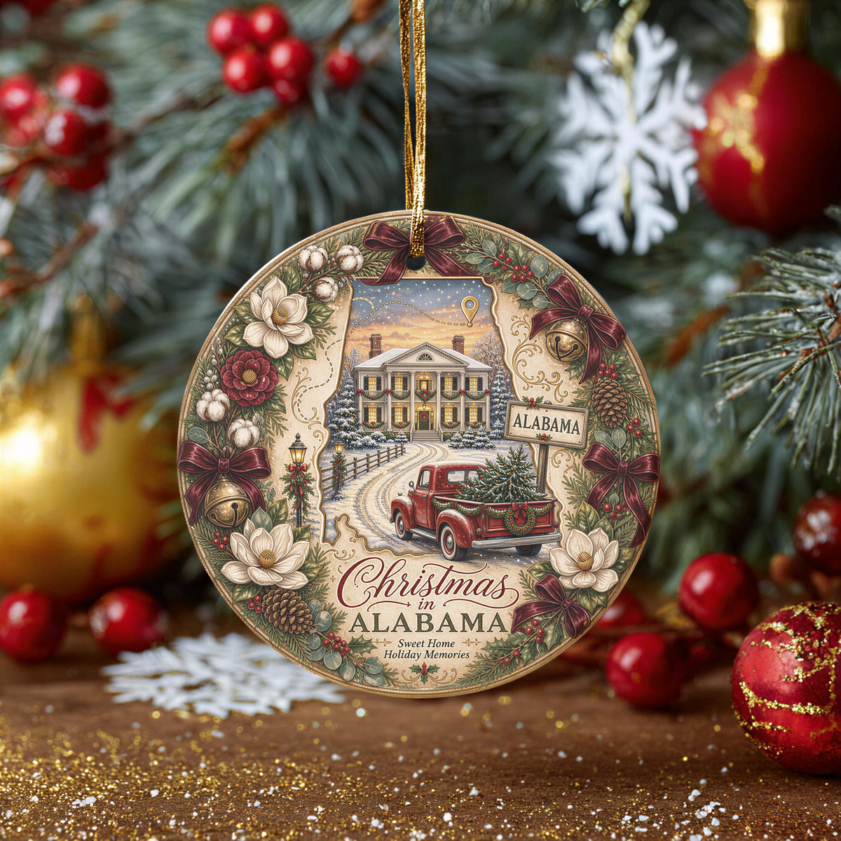 Alabama Christmas Ornament, Vintage Red Truck, Mansion Scene | Ceramic 3 Inch Double-Sided