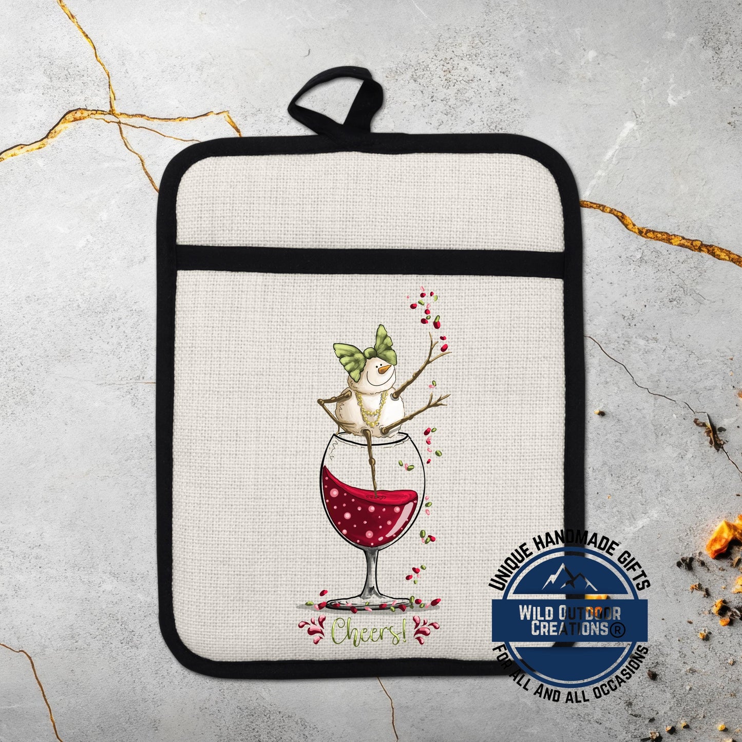 Wine Snowman Pot Holder Linen Hot Pad Cheers Kitchen Gift Wine Lover