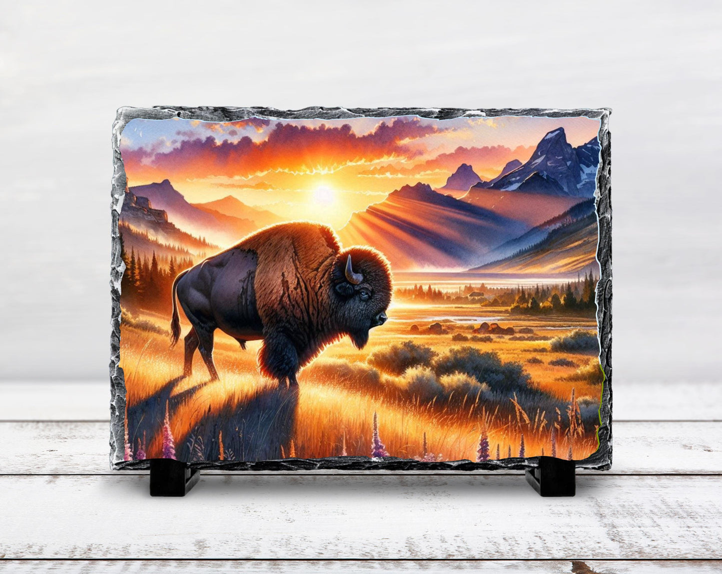 Bison Sunset Slate Sign – Rustic Buffalo Mountain Art With Fade Resistant Printing - scale and size reference