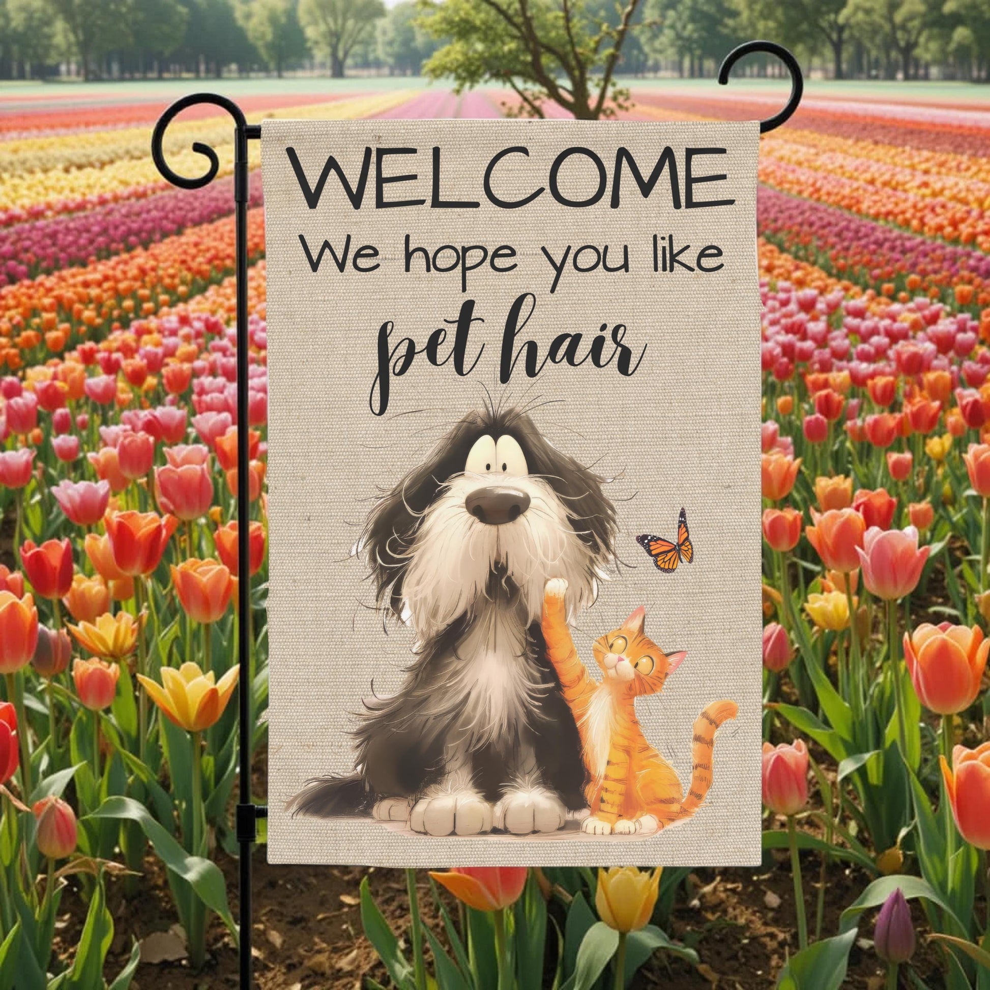 Pet Hair Garden Flag - Funny Welcome Dog And Cat Outdoor Decor 12x18 Sublimation - lifestyle display