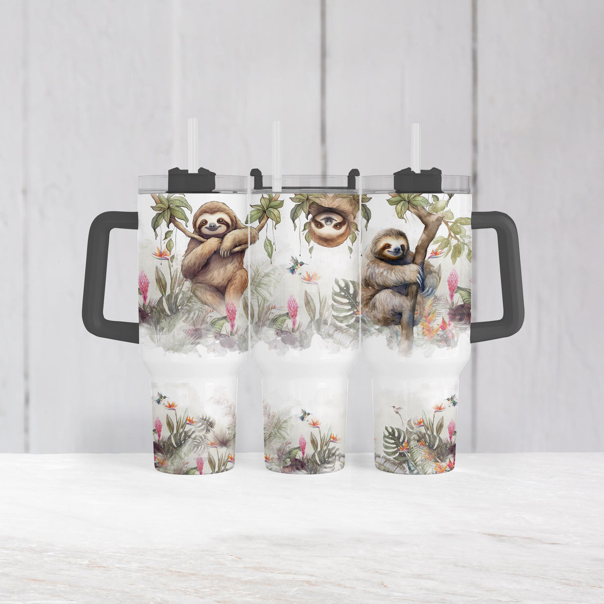 Sloth 40 Oz Tumbler With Handle, Tropical Jungle Floral Cup, Gift