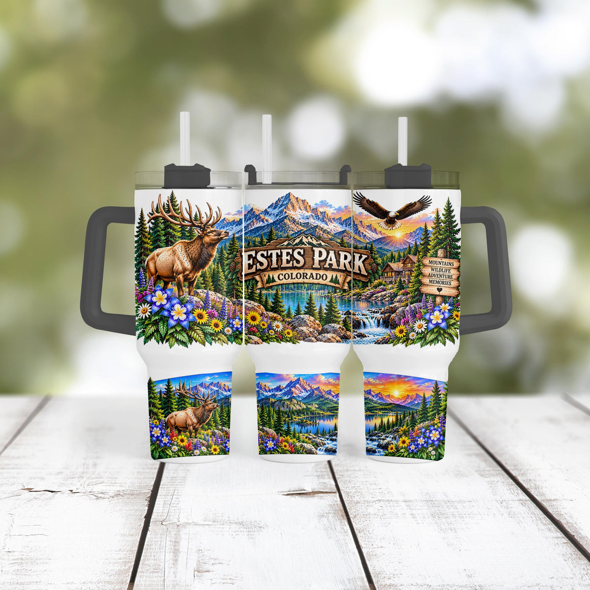 Estes Park Tumbler, 40 Oz Handle Cup, Elk Mountain Colorado Gift