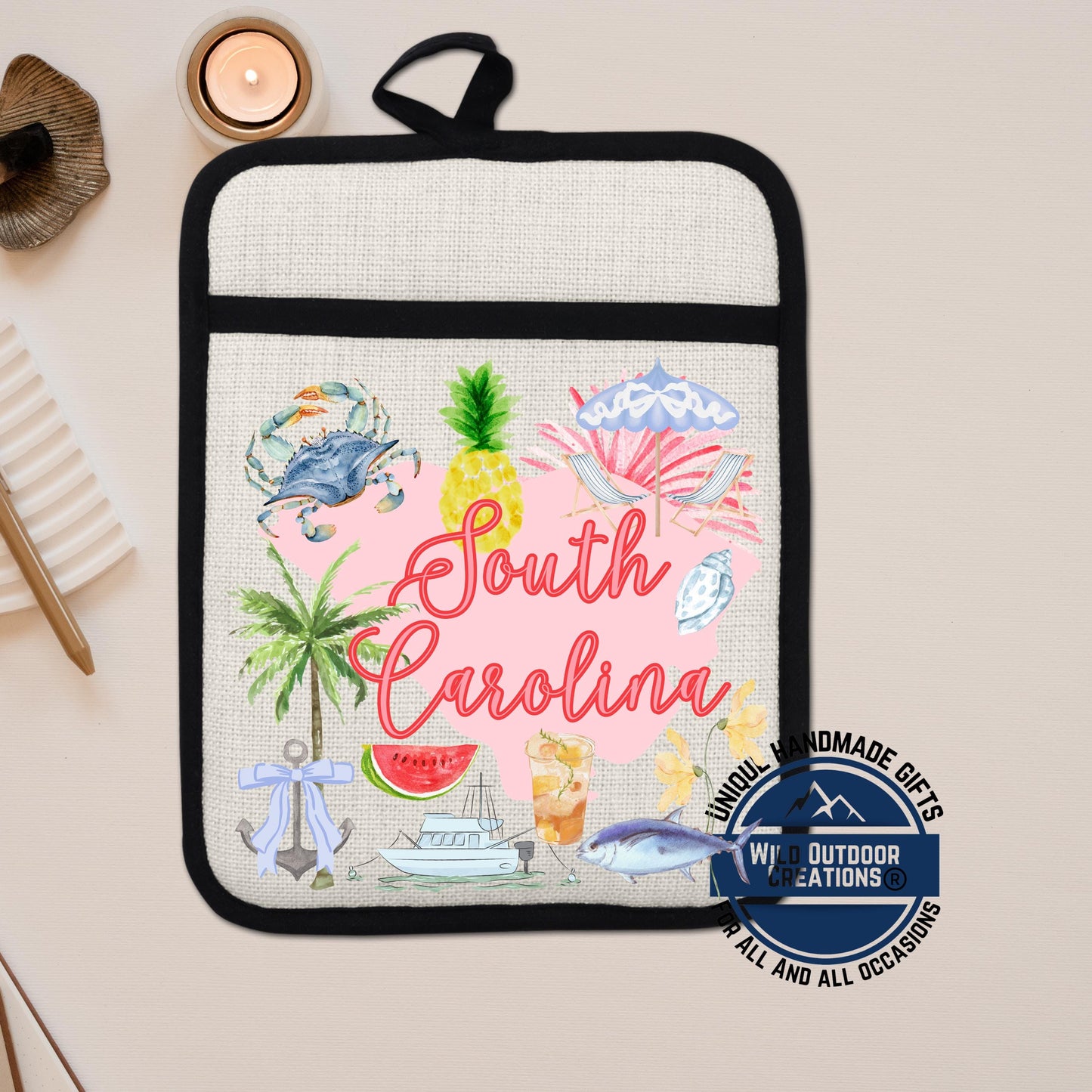 South Carolina Pot Holder – Non Slip Potholder with Linen Sublimation Fabric, Coastal Kitchen Decor - detail view