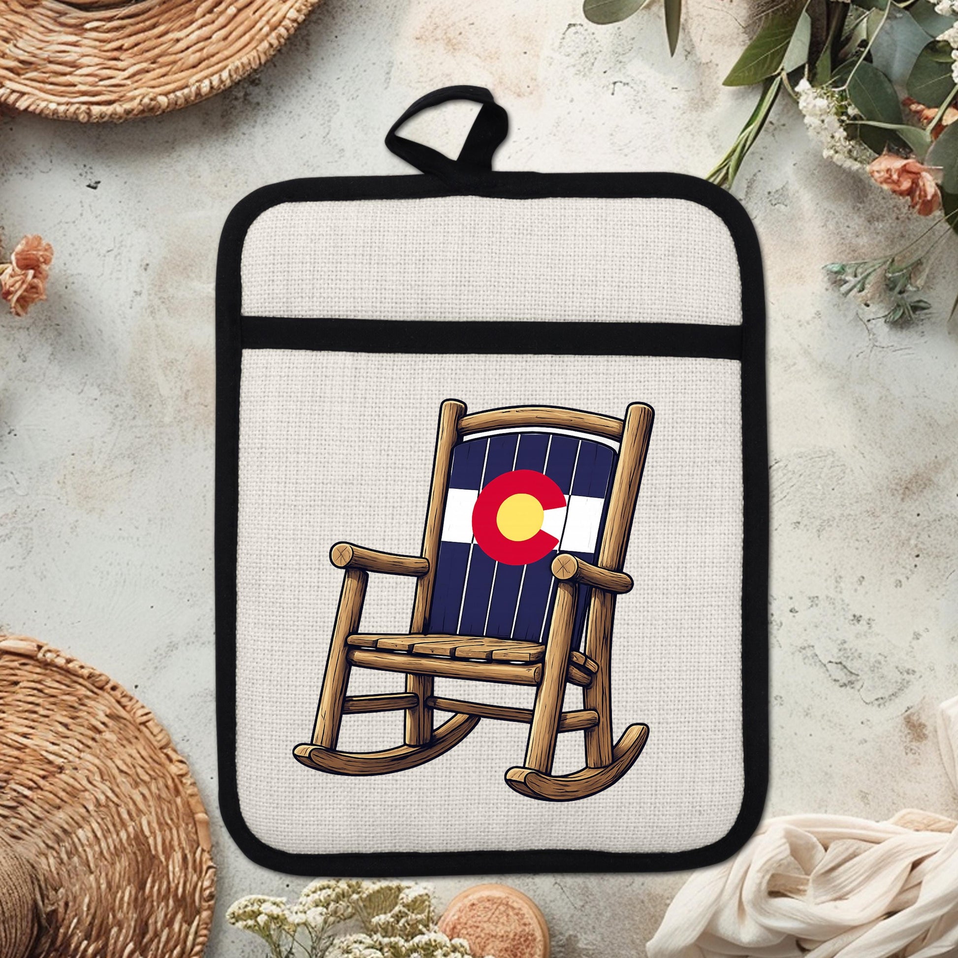 Linen Oven Mitt - Colorado Rocking Chair Pot Holder with Trivet & Heat Resistant Design - packaging and presentation