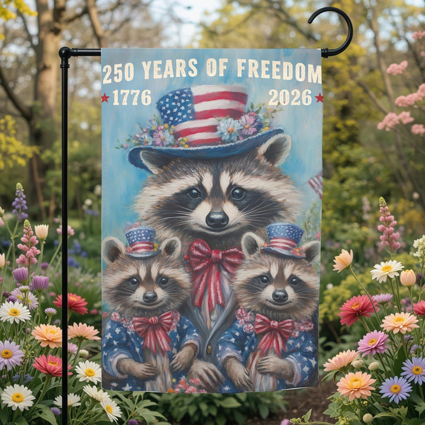 Patriotic Garden Flag - 250 Years Of Freedom Raccoon 12x18 Double Sided Sublimation