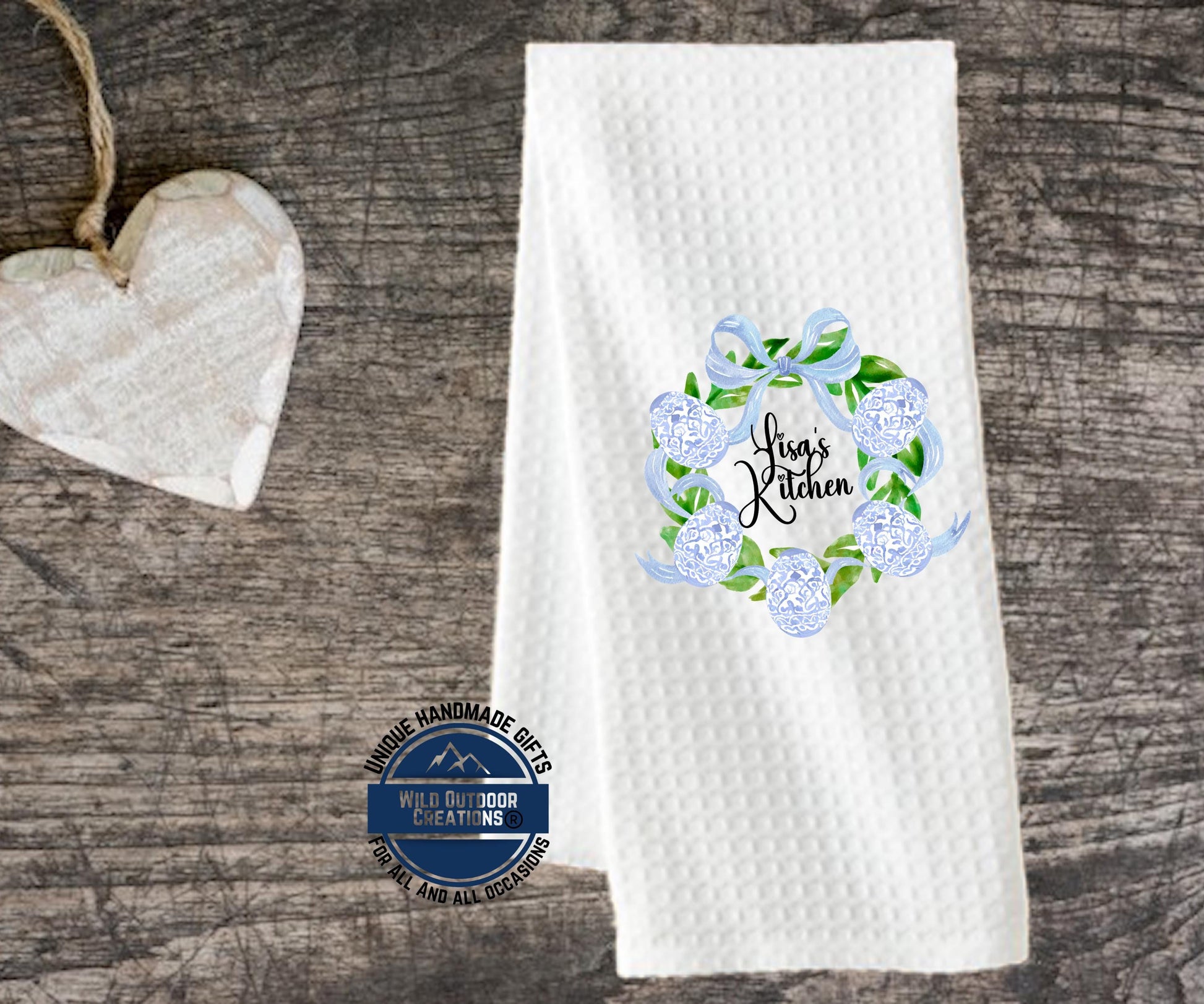 Personalized Easter Towel – Custom Name Kitchen Towel With Blue Chinoiserie Wreath - additional product photo 15
