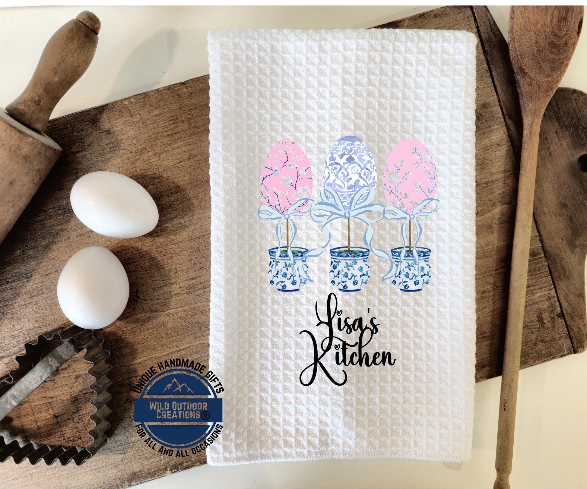 Personalized Kitchen Towel – Easter Egg Topiary Waffle Weave, Custom Name Gift - detail view