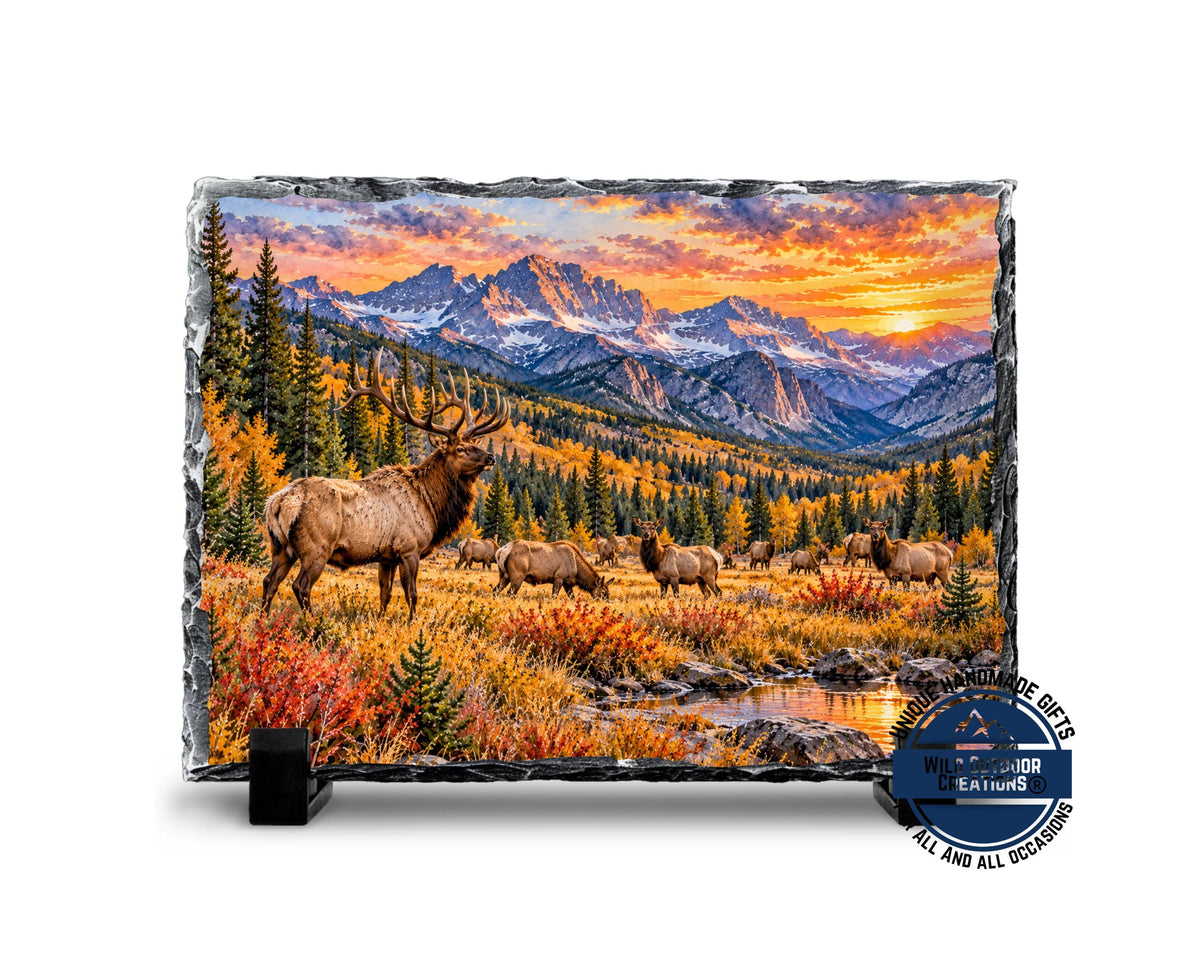 Elk Herd Slate Plaque, Colorado Mountain Wildlife Art, Rustic Fall Cabin Decor