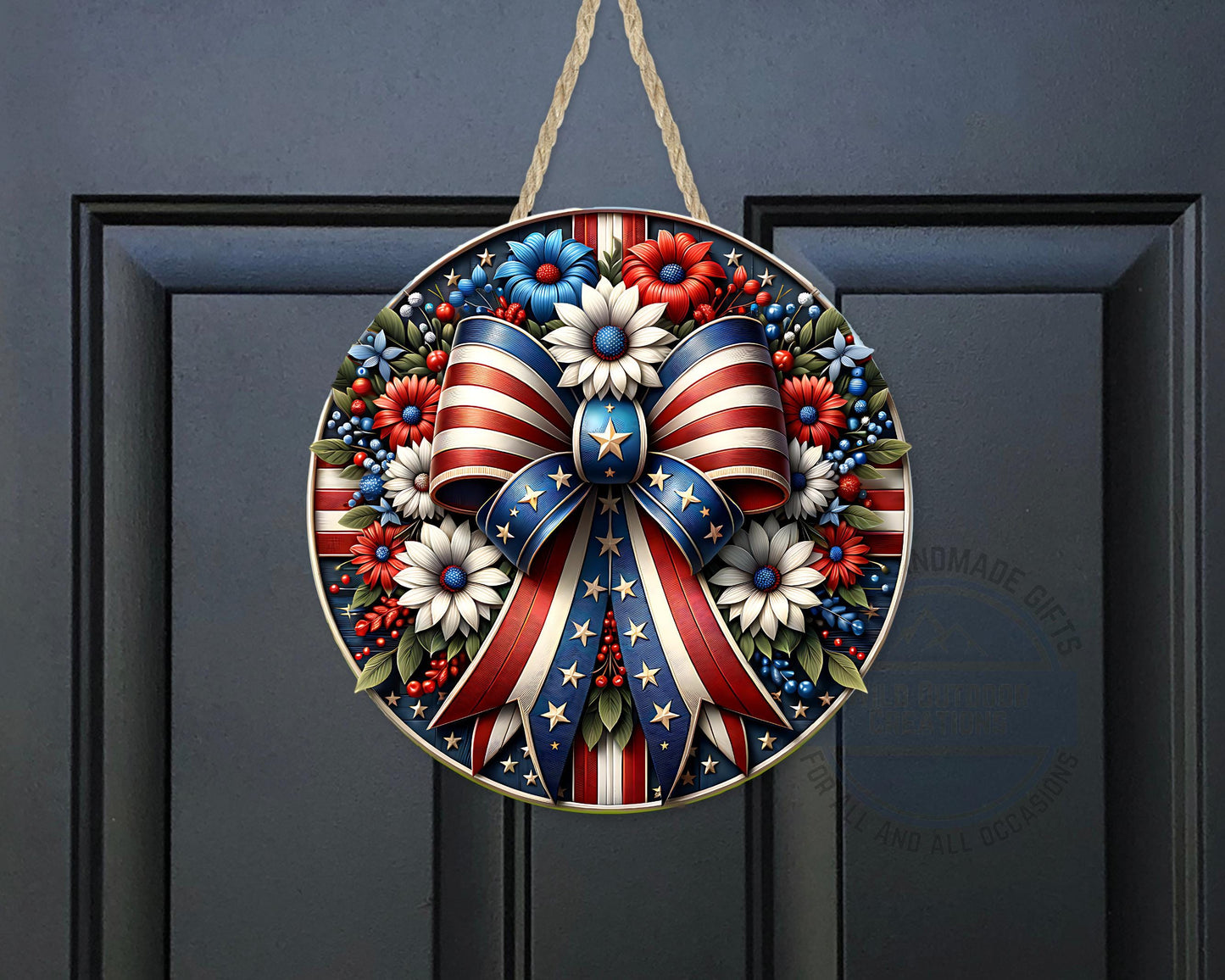 Patriotic Door Hanger – Aluminum Door Sign with American Flag Bow & Floral Design - additional product photo 10