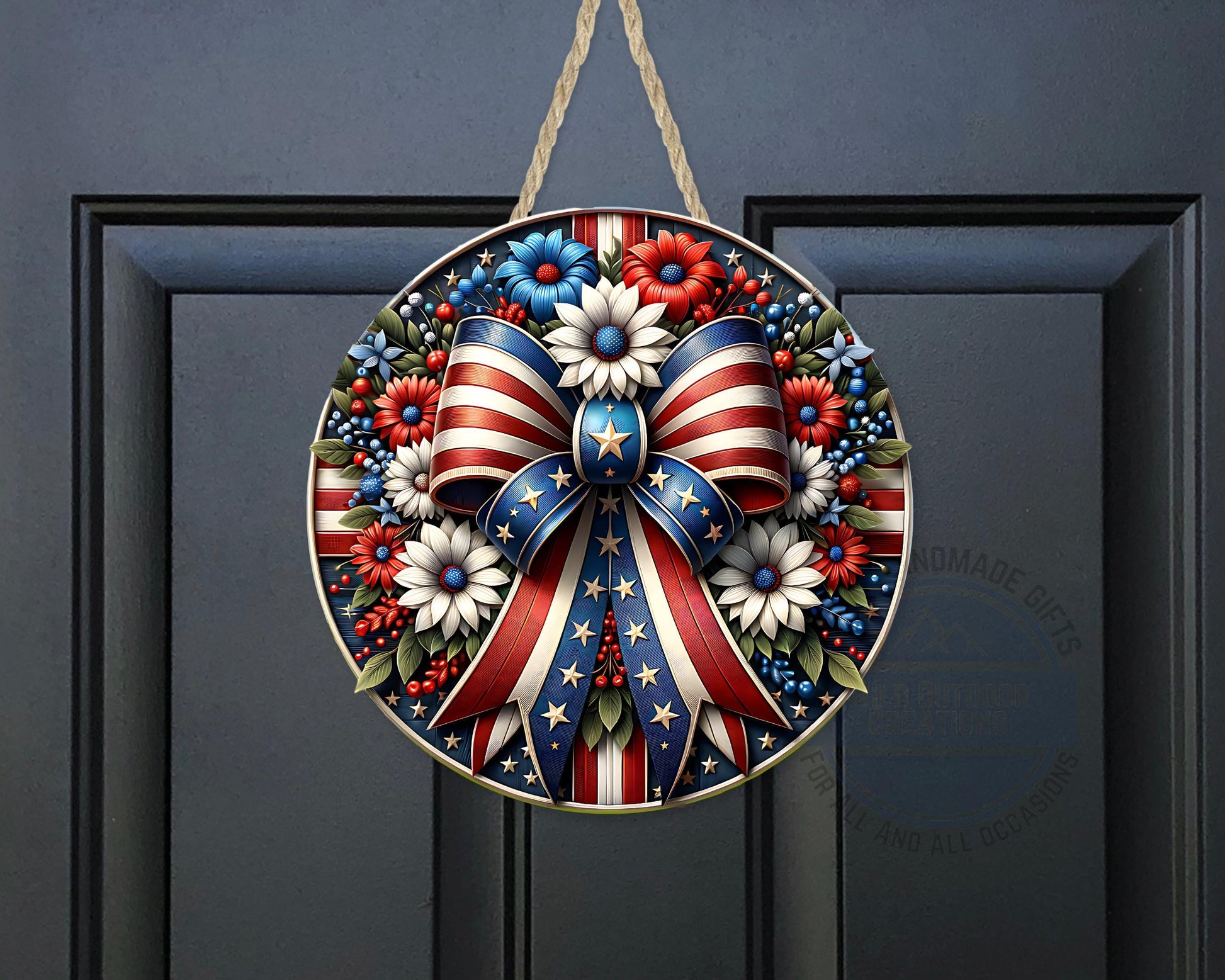 Patriotic Door Hanger – Aluminum Door Sign with American Flag Bow & Floral Design - additional product photo 10