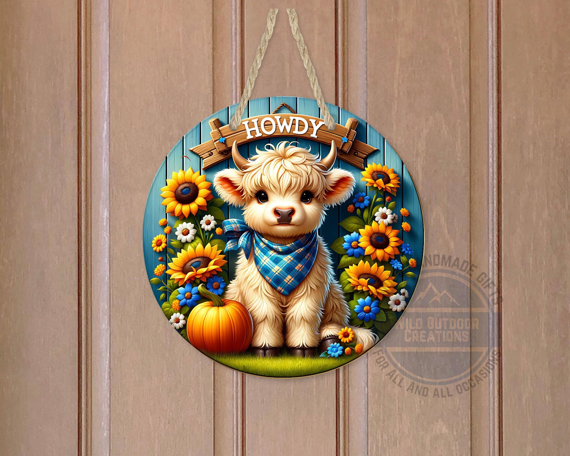 Farmhouse Door Hanger - Aluminum Round Sign with Highland Cow Decor, Blue Plaid - gift presentation view