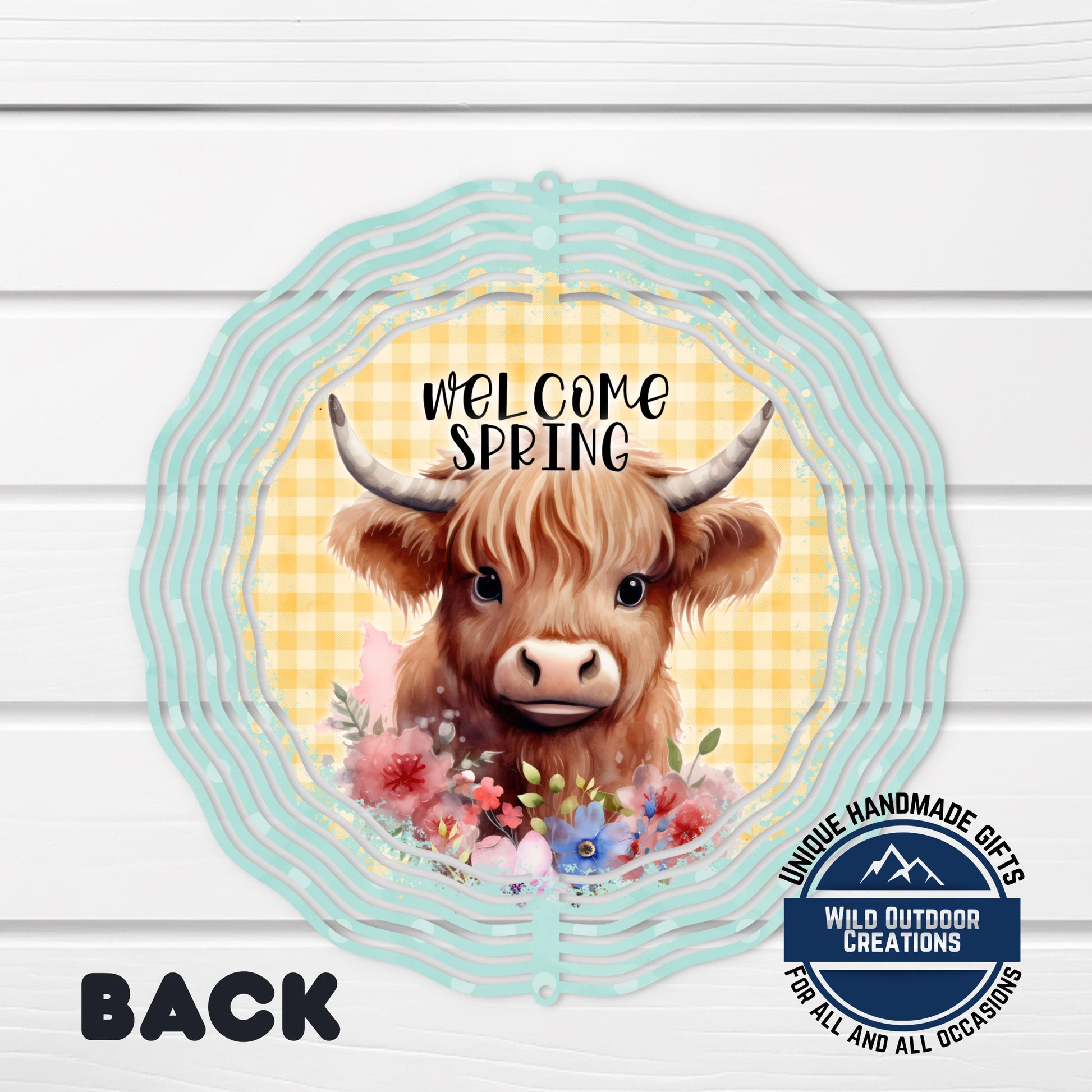 Highland Cow Spinner - Double Sided Outdoor Garden Decor with UV Protected Finish - close-up detail of design