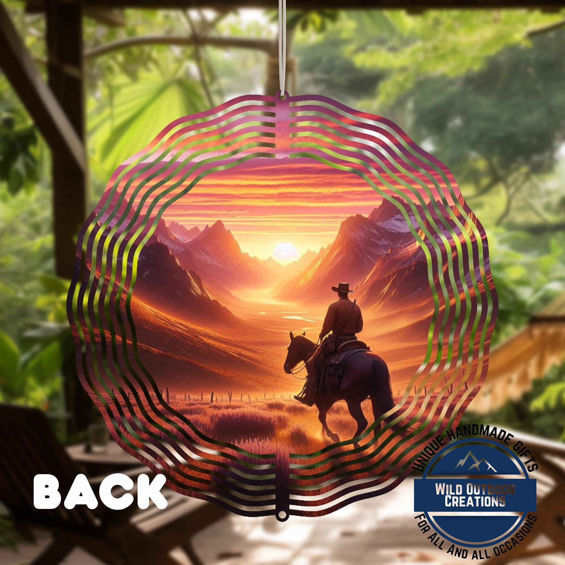 Cowboy Wind Spinner – Horse Sunset Scene | Outdoor Ranch Decor, 10 Inch - product dimensions and specifications