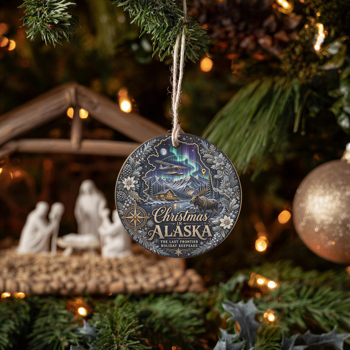 Alaska Ornament - Northern Lights Moose Cabin, 3 Inch Ceramic Tree