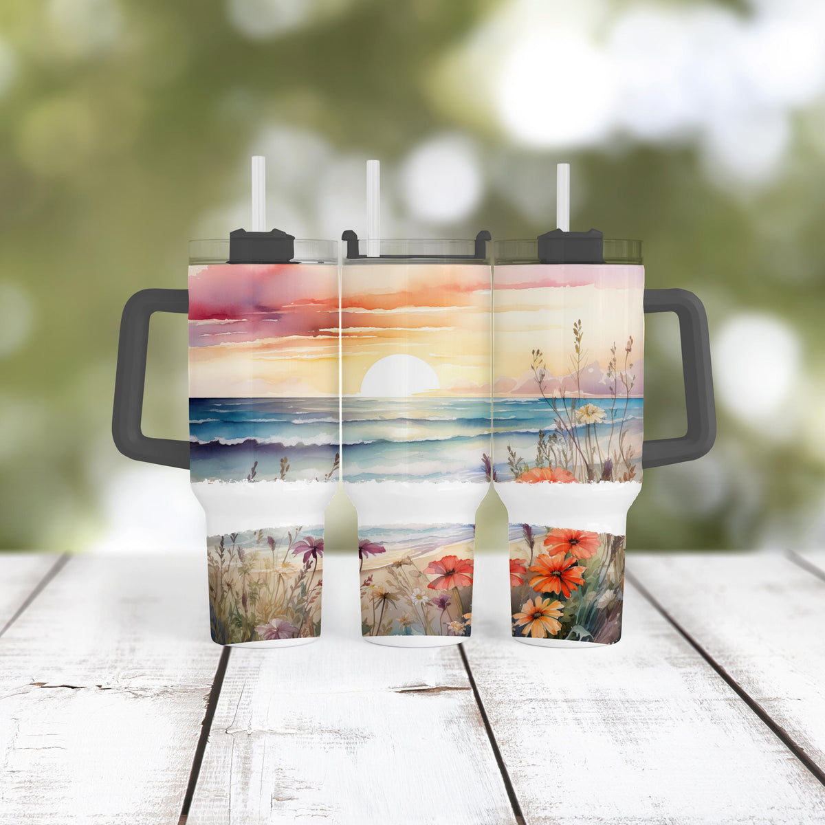 Beach Sunset Tumbler, 40 Oz Handle, Ocean Waves, Wildflower Gift