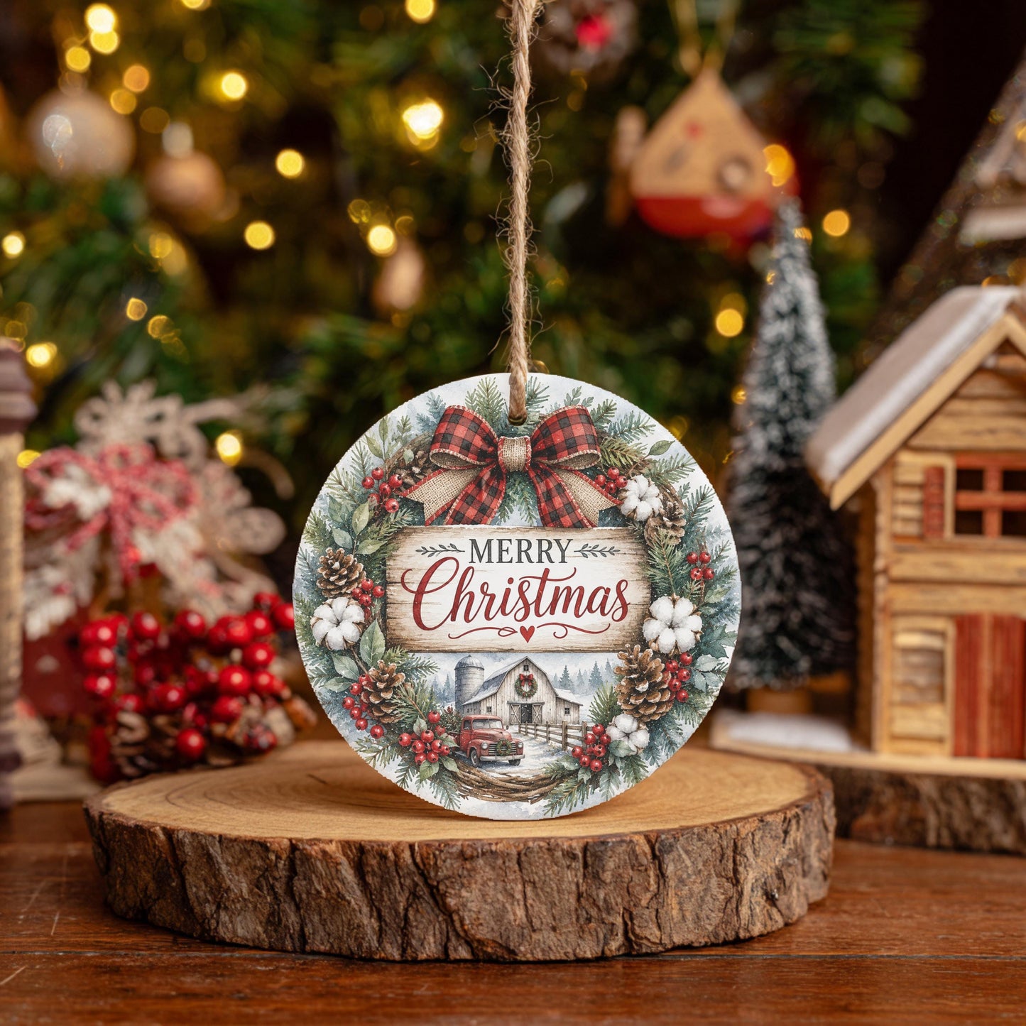 Ceramic Christmas Ornament, Farmhouse Wreath Scene, 3 Inch, Ribbon