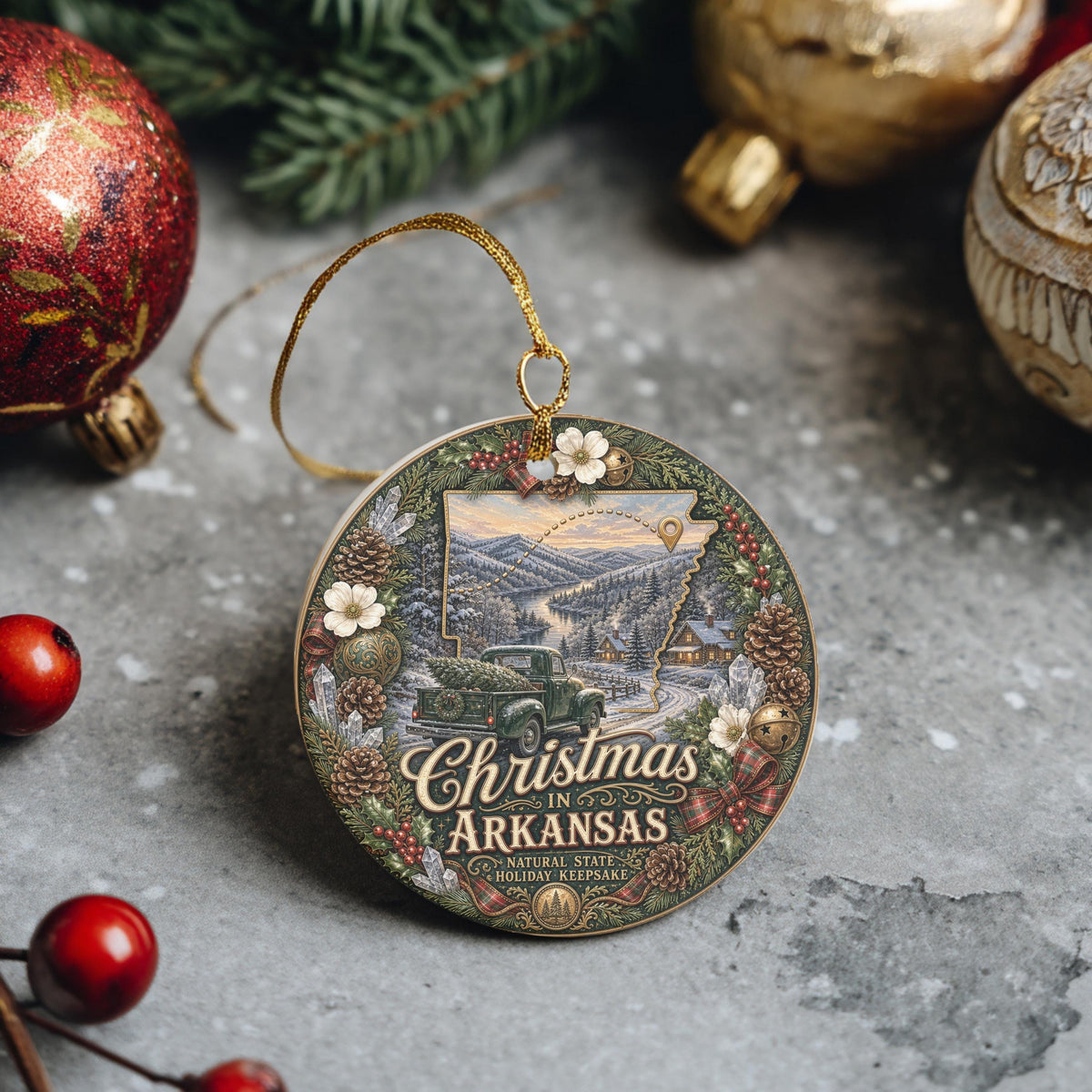 Arkansas Christmas Ornament, Vintage Truck River Ceramic Keepsake