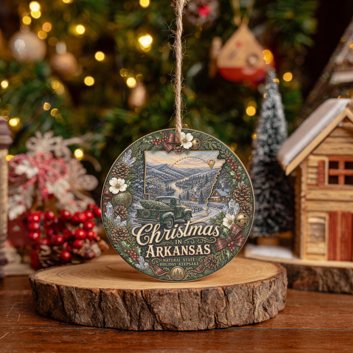 Arkansas Christmas Ornament, Vintage Truck River Ceramic Keepsake
