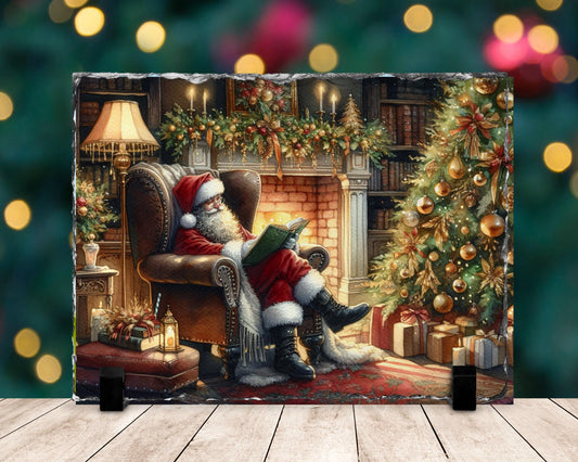 Cozy Santa Reading Slate with Fireplace  Tree - Charming Christmas Mantle Accent