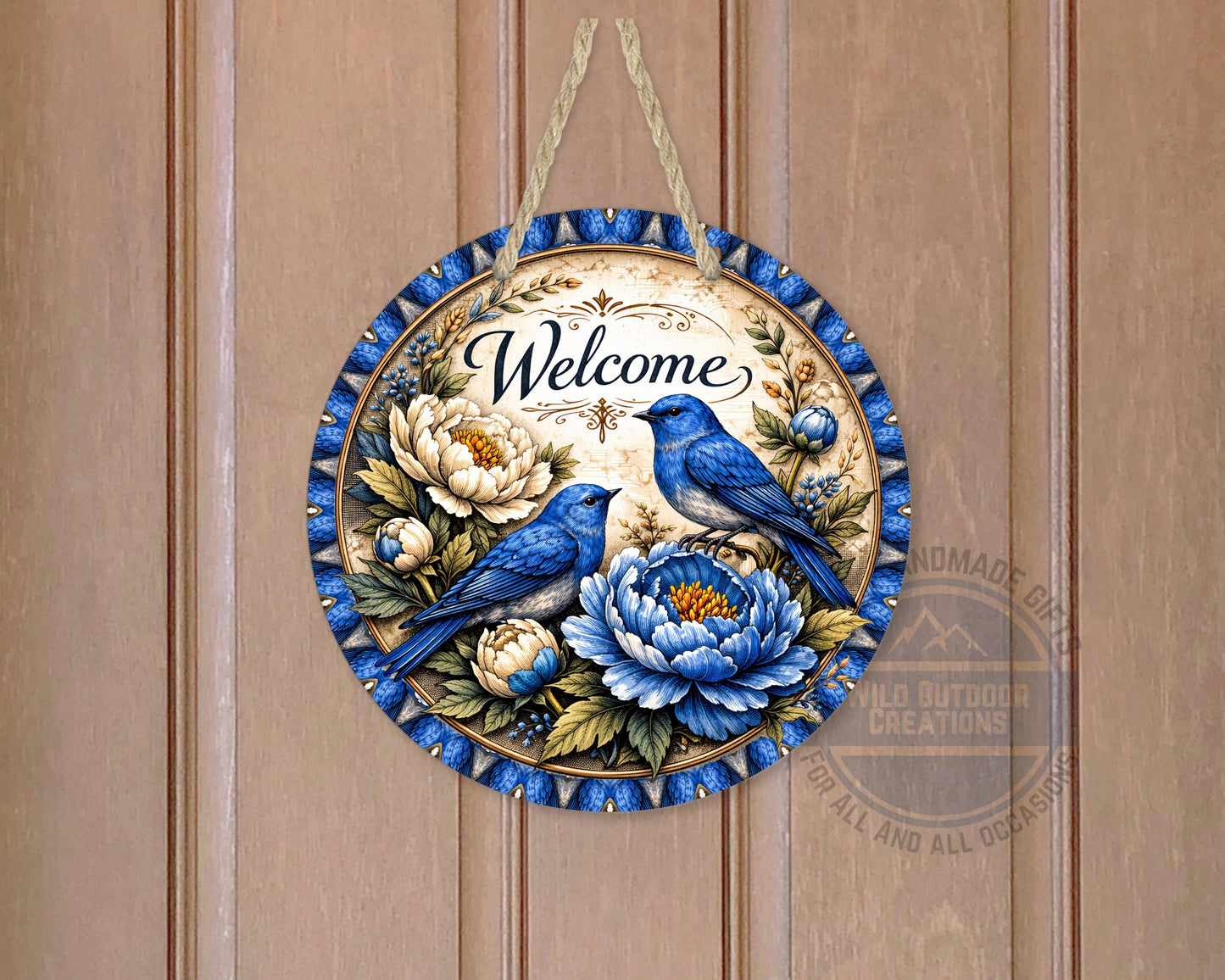 Bluebird Welcome Sign - Round Door Hanger With Floral Porch Decor, UV Coated - packaging and presentation
