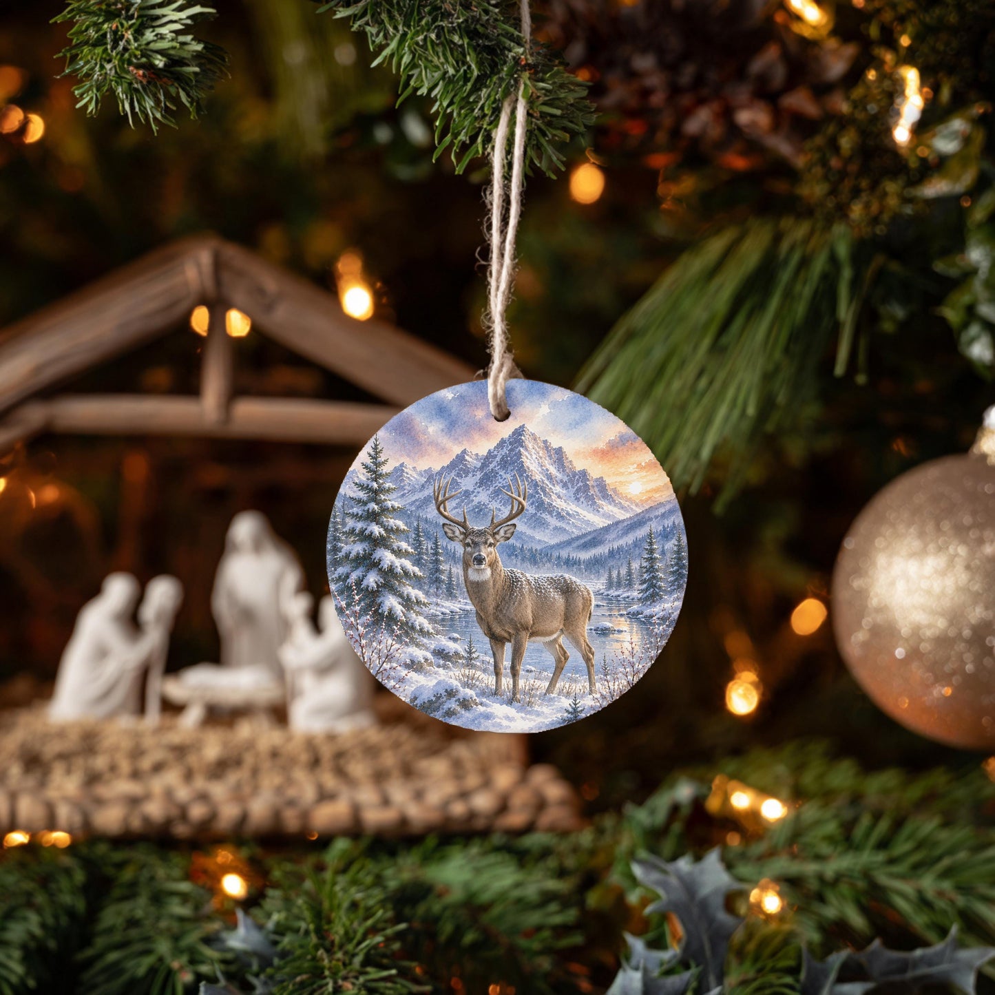 Whitetail Deer Ornament, Watercolor Mountain River Scene, Ceramic, 3 Inch
