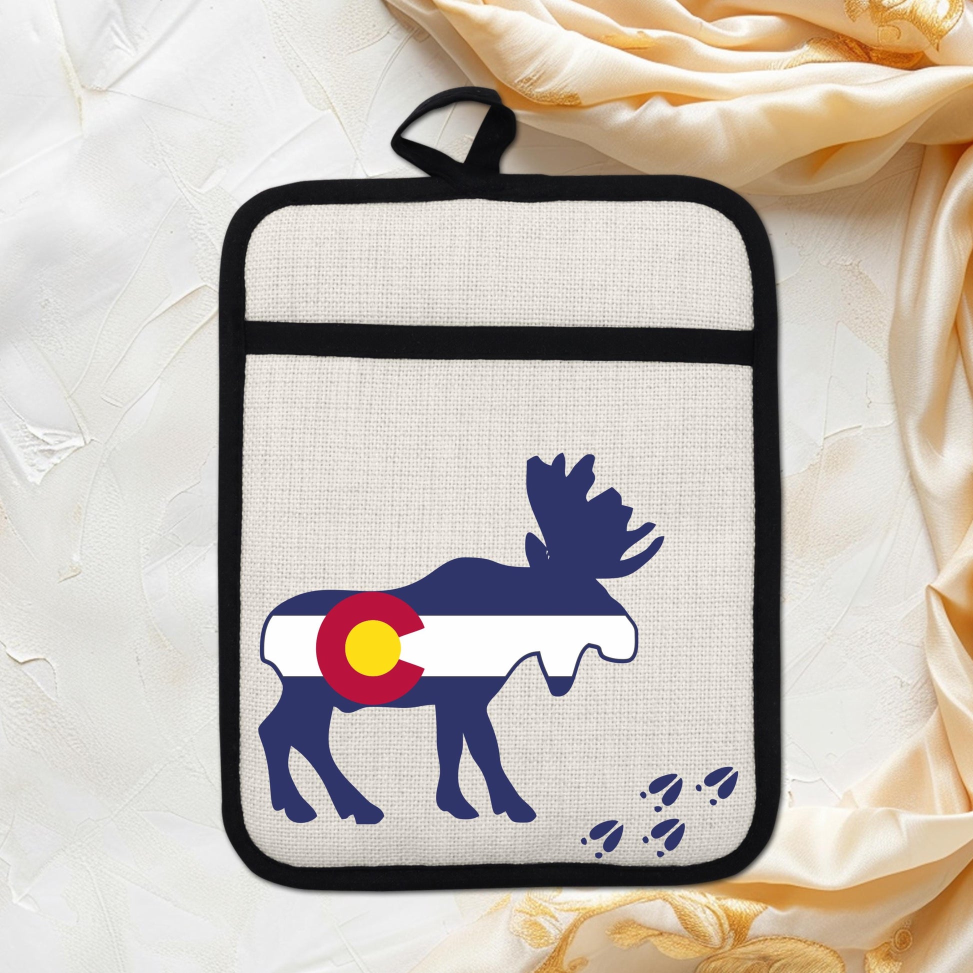 Colorado Moose Pot Holder - Heat Resistant Trivet with Silicone Back & Linen Fabric Front - additional angle