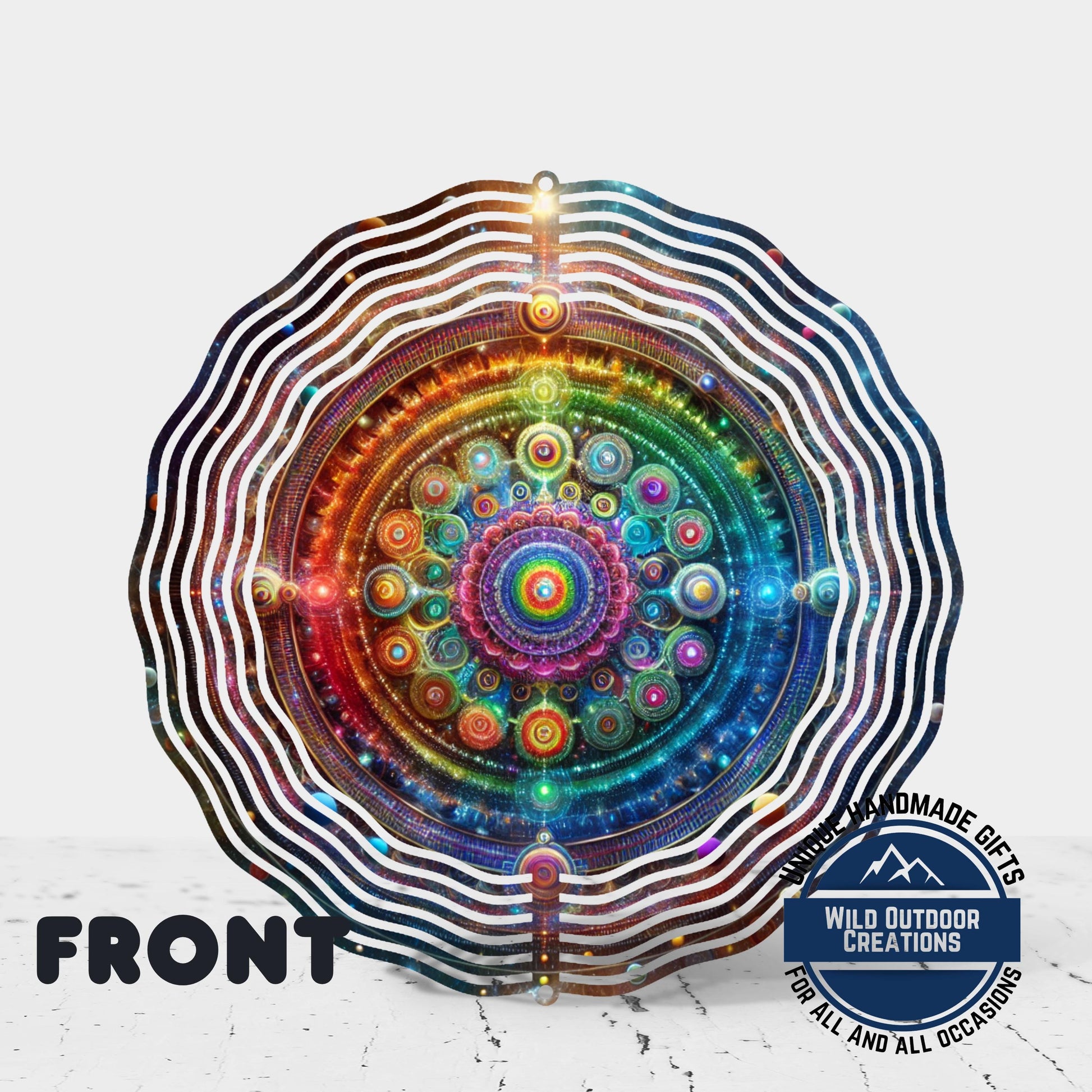 Neon Mandala Wind Spinner - Boho Garden Decor | Double Sided Aluminum Spinner - gift presentation view