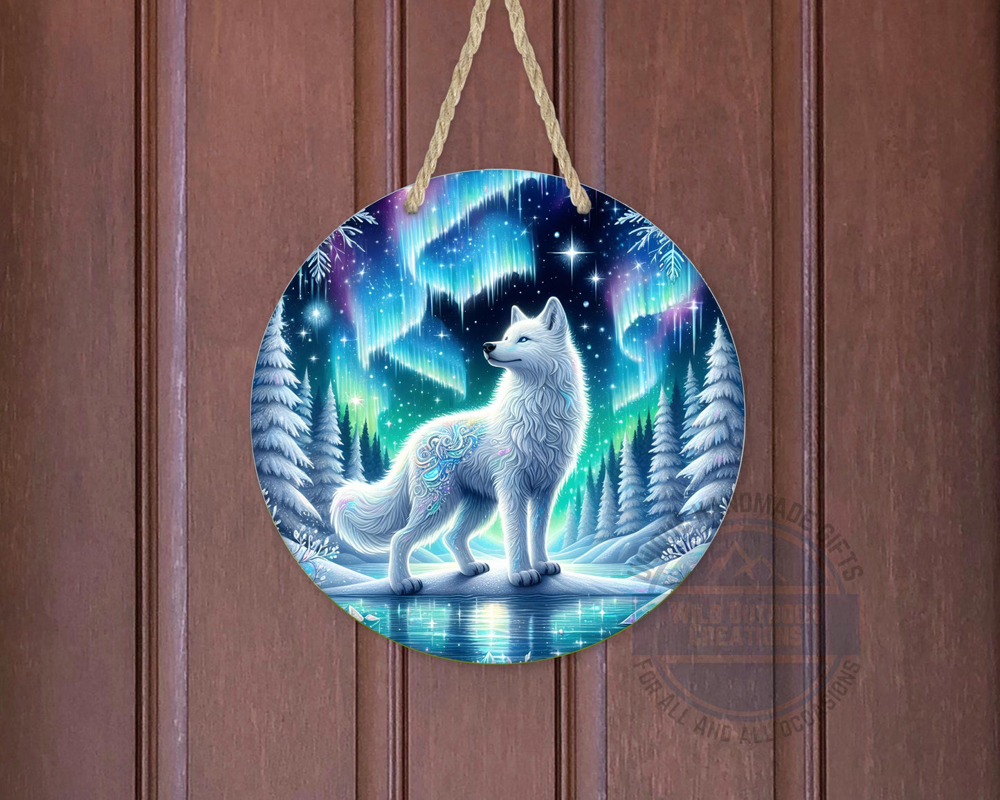 Wolf Door Hanger - Northern Lights Art | Rustic Cabin Sign, Outdoor Decor - detail view