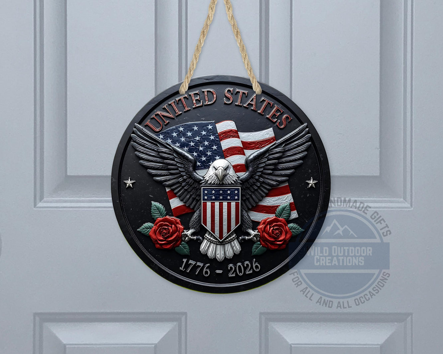 American Eagle Door Hanger - Round Aluminum Patriotic Door Sign, Veteran Gift Idea - gift presentation view